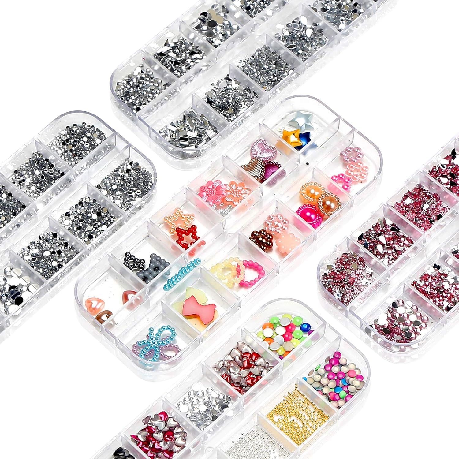 Kit de 10 cajas de diamantes de imitación para uñas, accesorios multifuncionales con 1 pinza, diamantes decorativos, cristales, perlas, gemas, coloridos, mixtos, ojos de caballo, piedras metálicas, para decoración de uñas DIY
