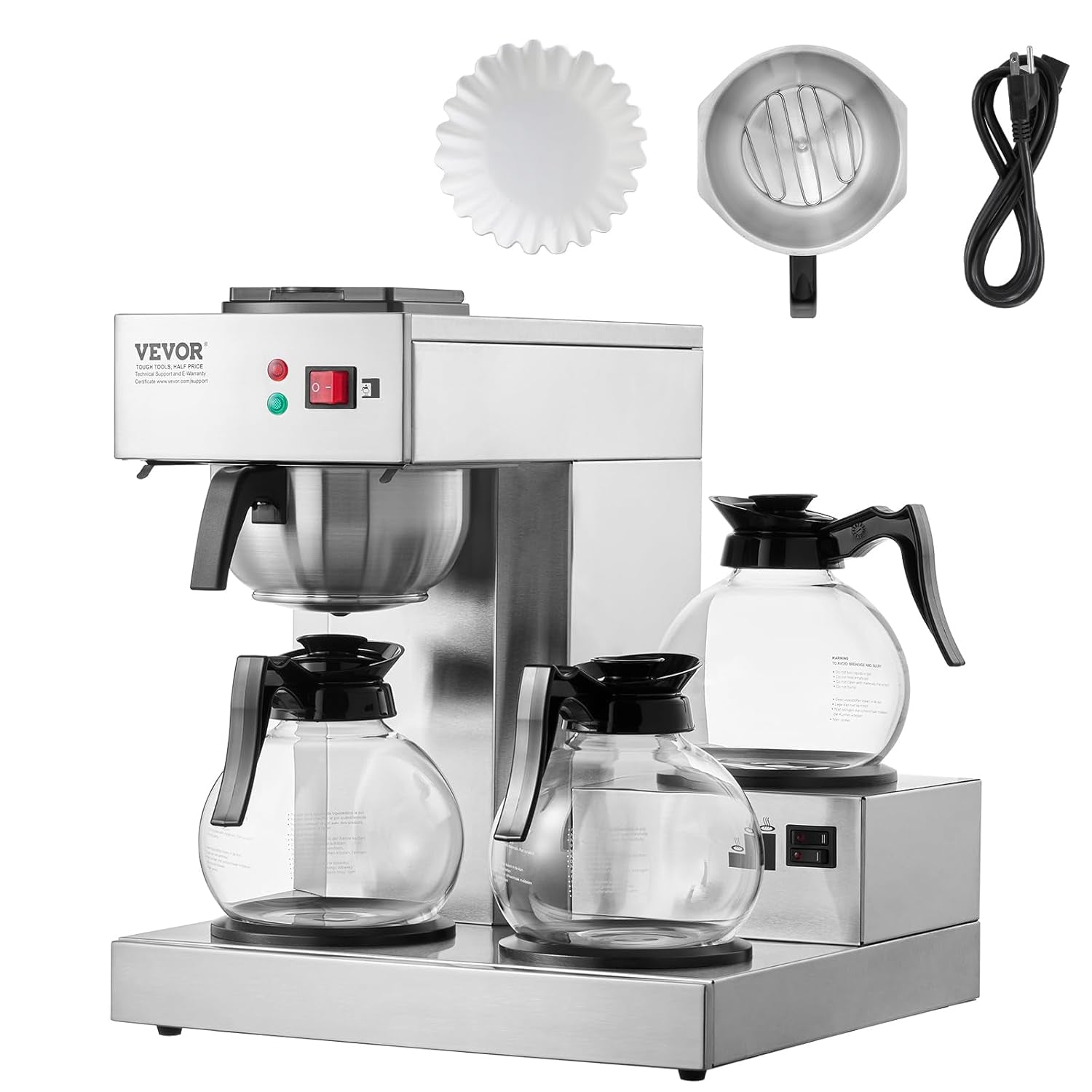 VEVOR Cafetera espresso comercial con filtro de 12 tazas con 3 garrafas de vidrio y 3 placas calefactoras Máquina de espresso de acero inoxidable con suministro automático de agua para restaurante, oficina, cafetería