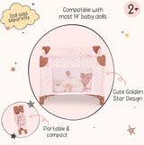 LullaBaby - Baby Puppen Laufstall - Faltbarer Puppen Laufstall en Rosa - Goldener Stern - Druckdesign - 36 cm Baby Puppe Kinderzimmer Zubehör - Vorgetäuschtes Spiel - Spielzeug für Kinder ab 2 Jahren