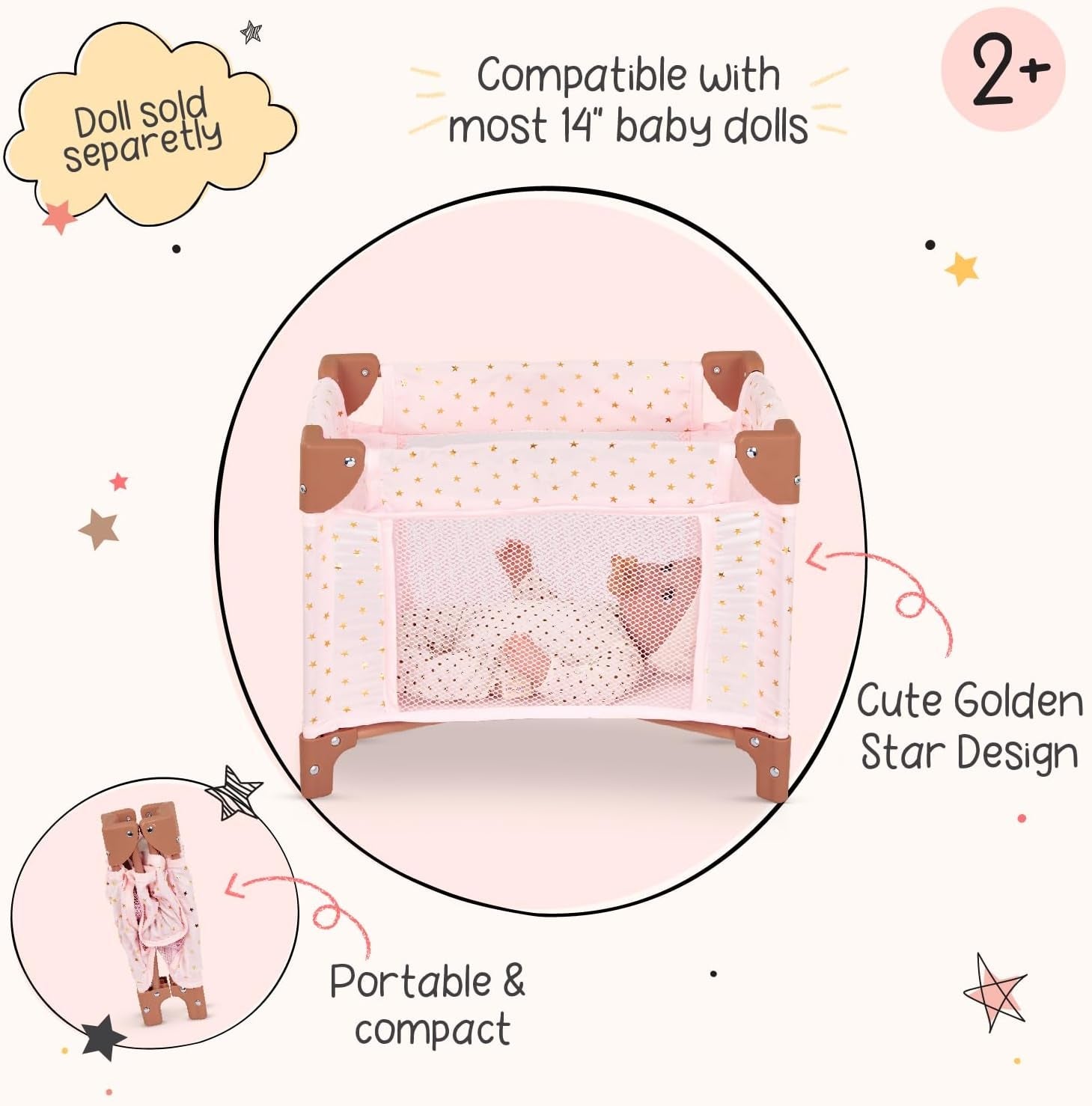 LullaBaby - Baby Puppen Laufstall - Faltbarer Puppen Laufstall en Rosa - Goldener Stern - Druckdesign - 36 cm Baby Puppe Kinderzimmer Zubehör - Vorgetäuschtes Spiel - Spielzeug für Kinder ab 2 Jahren