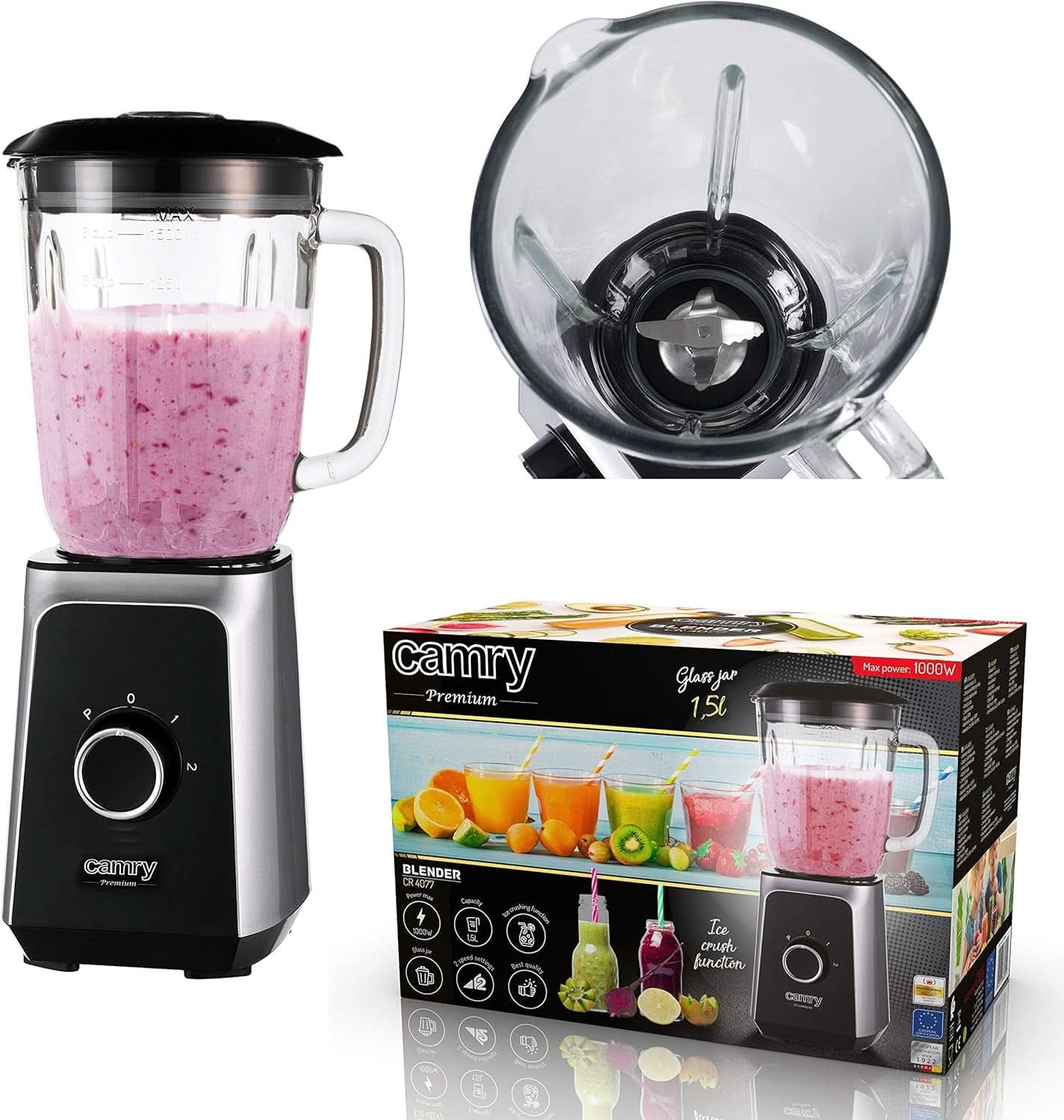 CR 4077 Batidora con base con vaso de cristal de 1,5 l, batidora, batidora alta, Mahlung, Eis-Zerkleinerung, Pulsfunktion, Edelstahlklingen, 2 Geschwindigkeiten, 1000W, Schwarz/Silber Kitchen Naty Shop