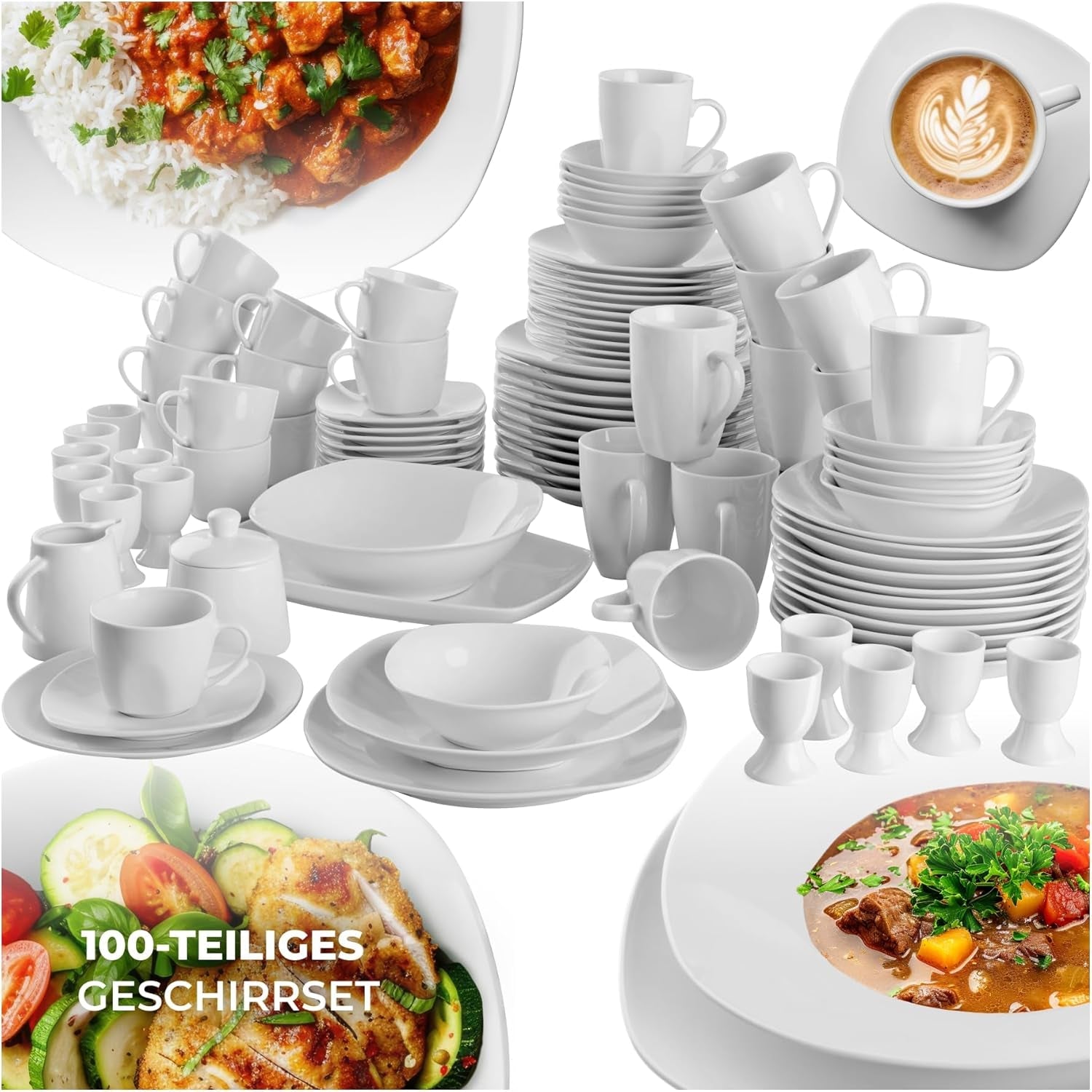 tectake® Vajilla para 12 personas, vajilla de porcelana de 100 piezas, incluye 12 platos, 12 platos de postre, 12 platos llanos, 12 tazas, 12 cuencos de cereales, ensaladera, lechera y azucarero