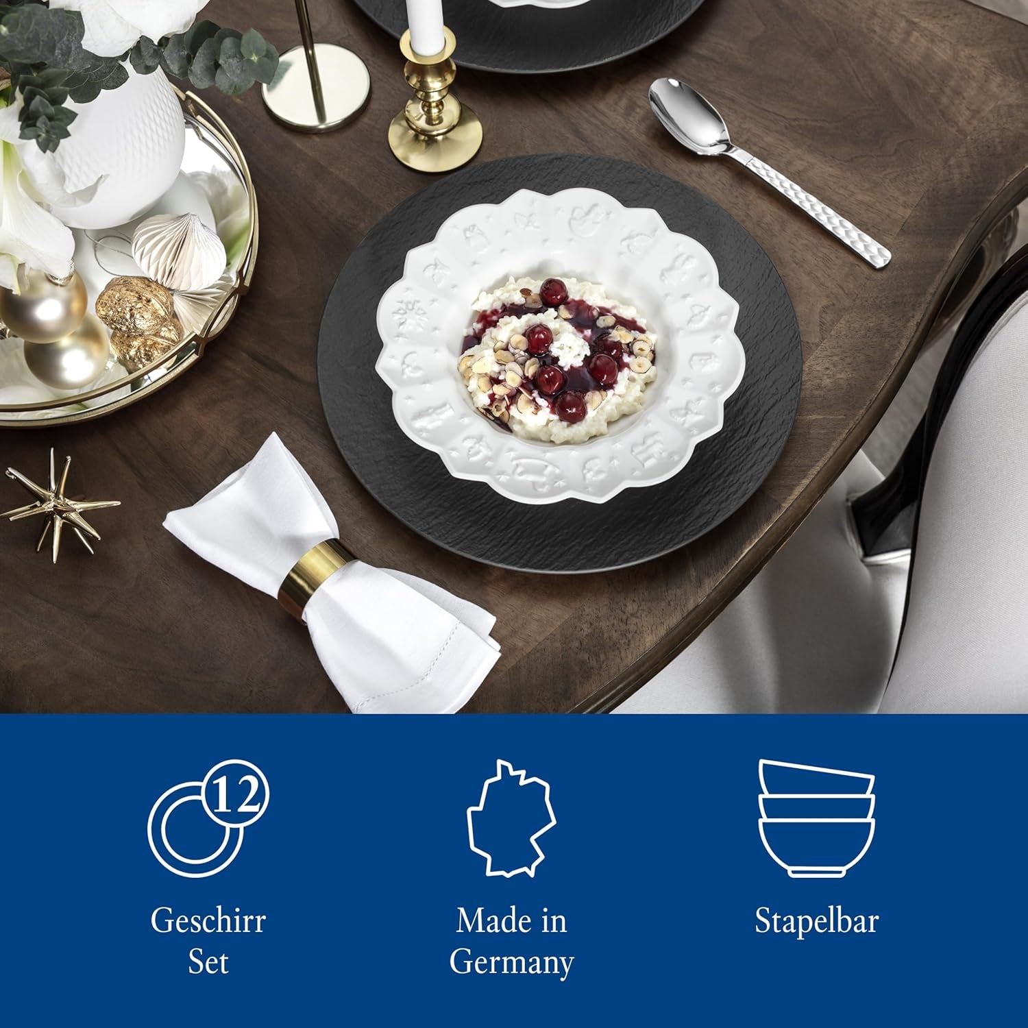 Villeroy & Boch Toy's Delight Royal Classic Vajilla de 12 piezas, Apta para lavavajillas y microondas, Blanco, Platos, Vajilla para 4 personas, Vajilla navideña, Juguetes, Porcelana Premium