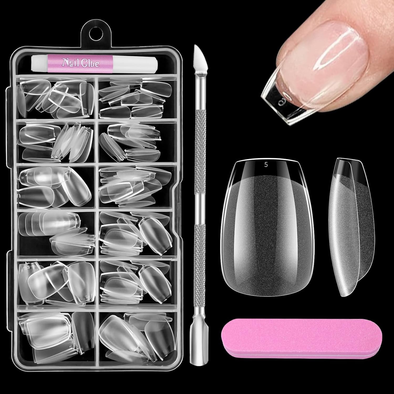 Uñas cortas de cubierta completa, 120 piezas, 12 tamaños, puntas de uñas cortas para uñas de gel, pegamento en uñas artificiales, pegamento en lima de uñas, pulidor de uñas, empujador de cutículas