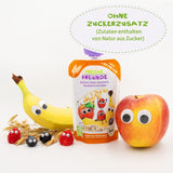 FRECHE FREUNDE Bolsita de frutas ecológicas Plátano, manzana, frambuesa, arándanos con avena, puré de frutas con cereales en bolsita comprimible para bebés a partir de 6 meses, vegano, paquete de 6 (6 x 100 g)