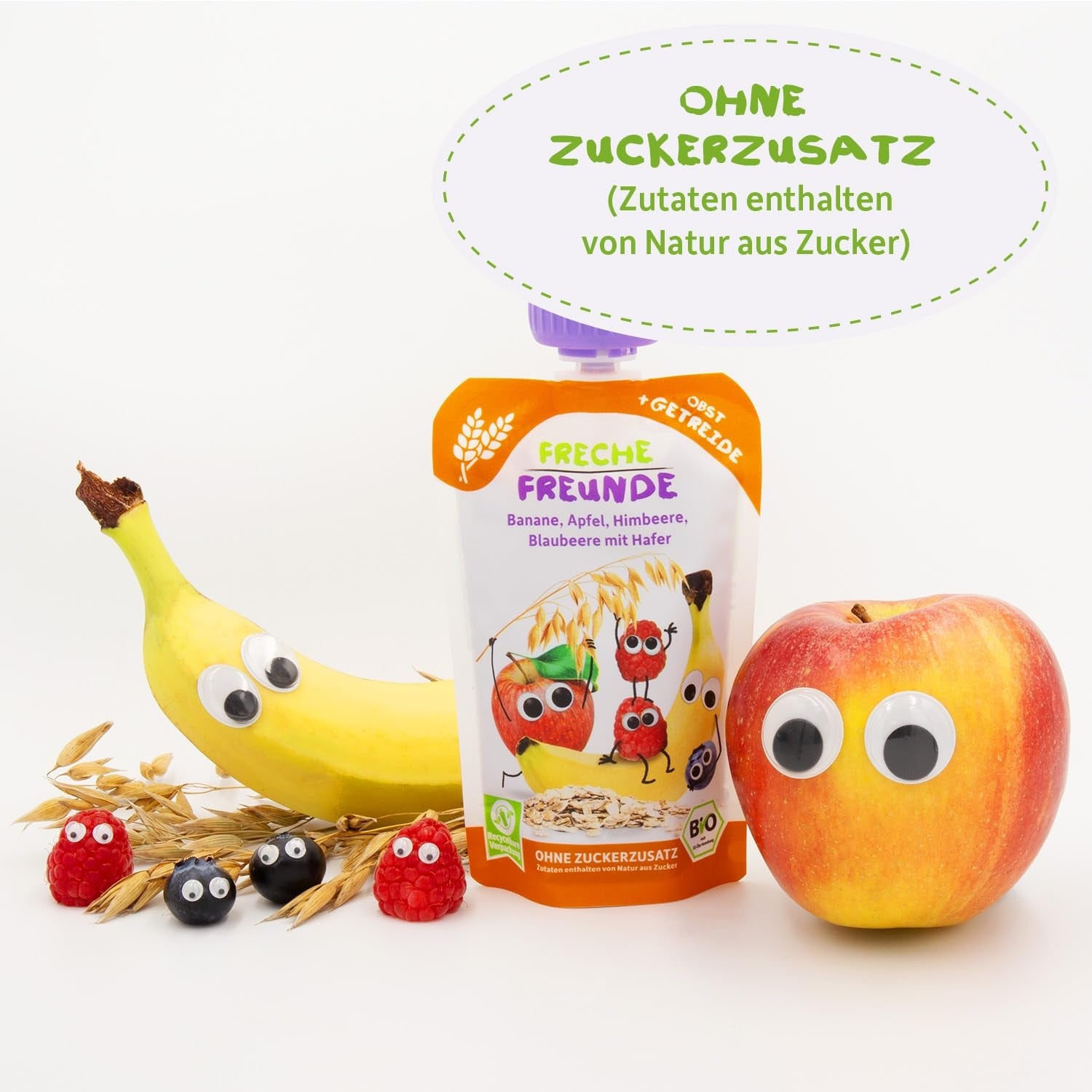 FRECHE FREUNDE Bolsita de frutas ecológicas Plátano, manzana, frambuesa, arándanos con avena, puré de frutas con cereales en bolsita comprimible para bebés a partir de 6 meses, vegano, paquete de 6 (6 x 100 g)