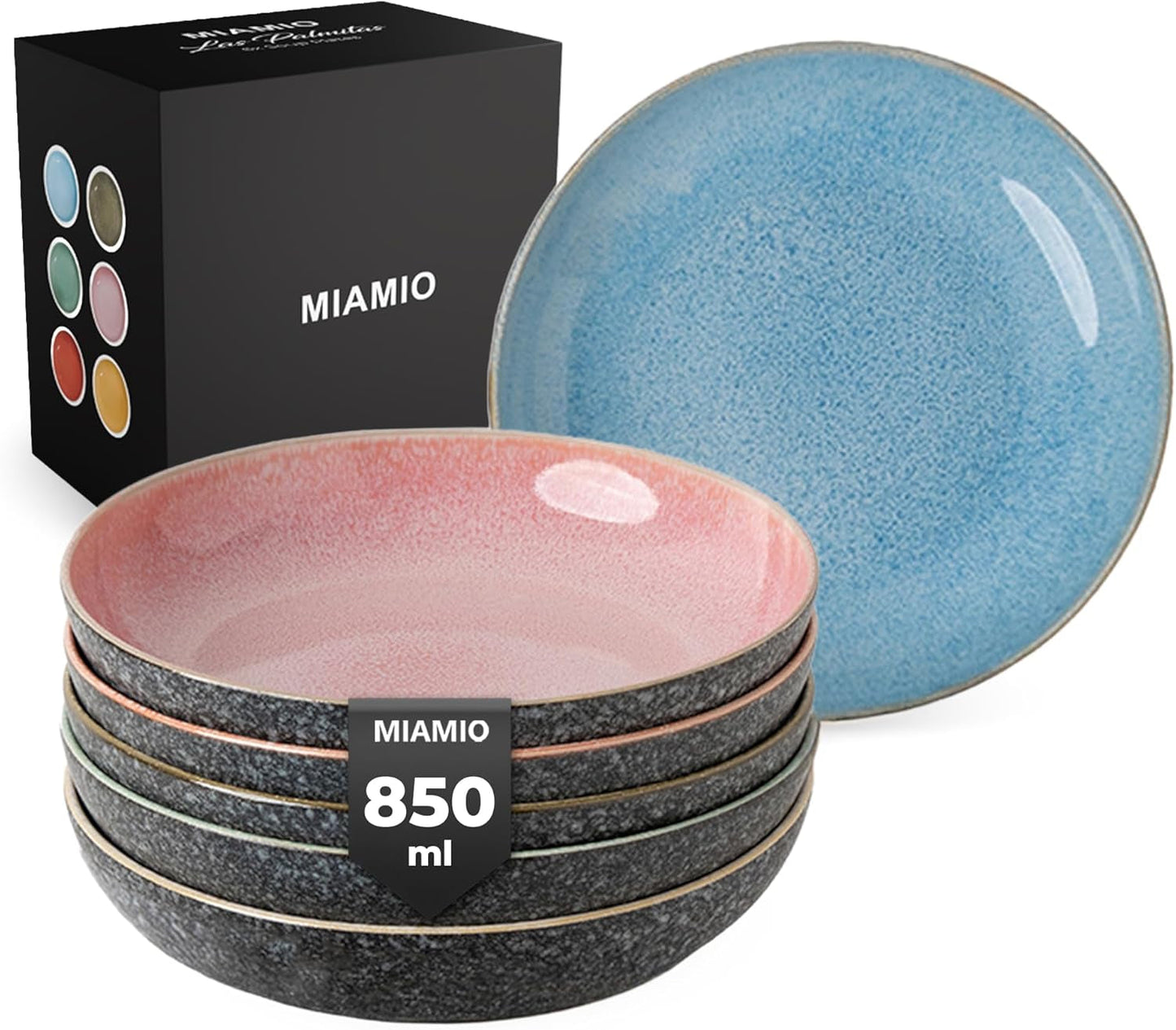 MIAMIO - Platos Llanos, Juego de 6 (850ml) / Platos de Pasta Grandes y Hondos, Juego de Platos para 6, Ensaladera de Cerámica / Apto para Lavavajillas y Microondas - Colección Las Palmitas