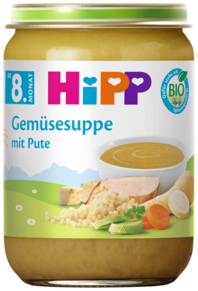 Sopa de verduras de pavo HiPP Bio (6 x 190g), a partir de 8 meses, sin sal añadida, con Omega-3, de la mejor calidad ecológica