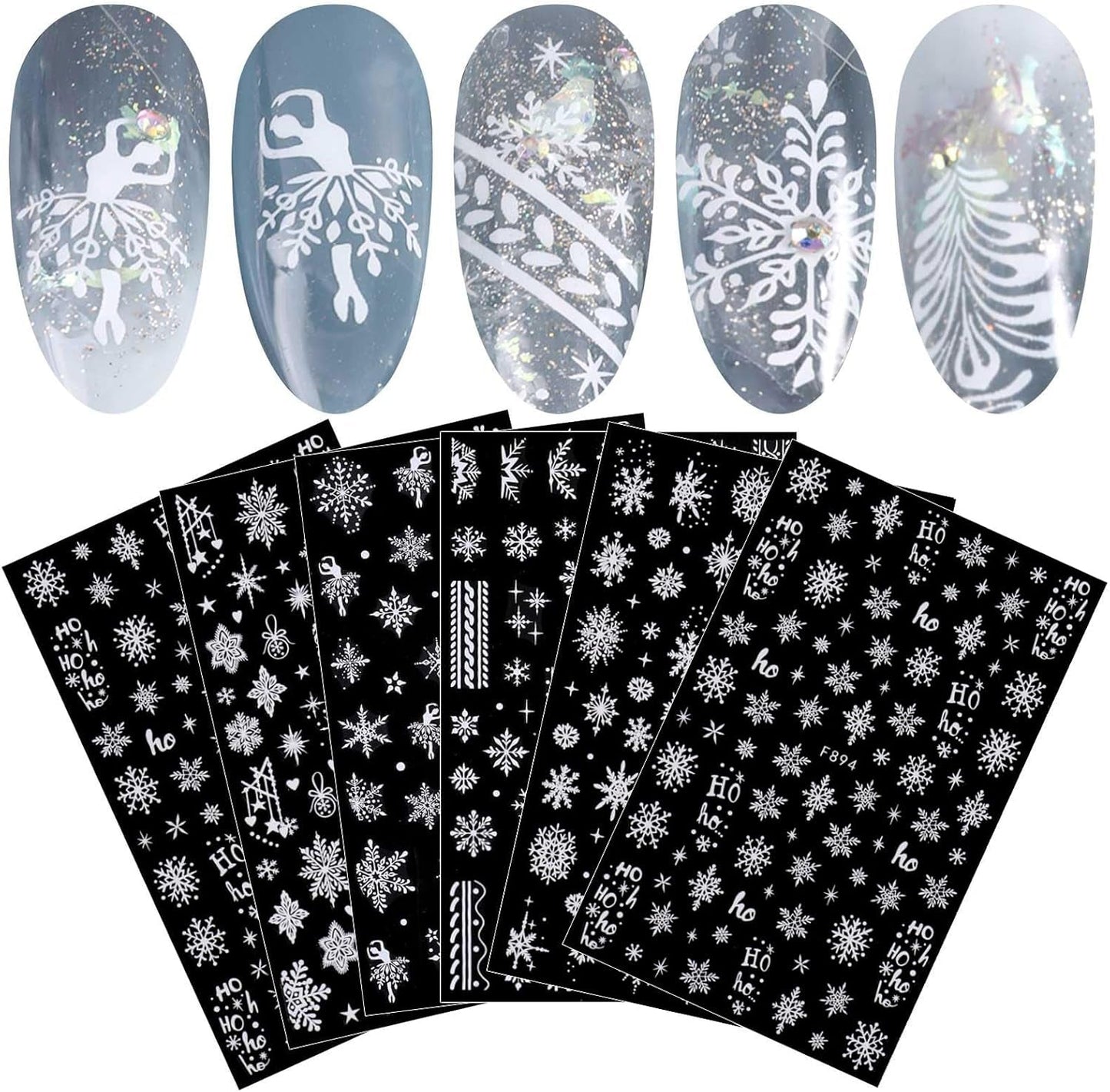 JMEOWIO Nagelsticker Weihnachten Weiß Glitter 8 Blatt Nail Art Sticker Selbstklebend Nagelaufkleber Schneeflocke Decoración navideña Nageldesign Zubehör