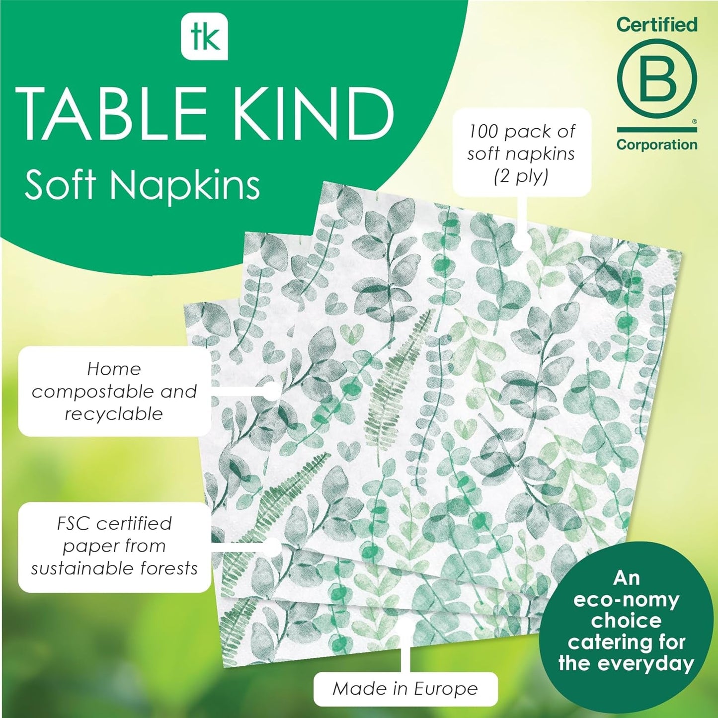 Talking Tables Servilletas desechables tipo mesa Servilletas de papel suave Hojas verdes Boda o uso diario Ecológico Compostable Reciclable Fabricado en la UE 2