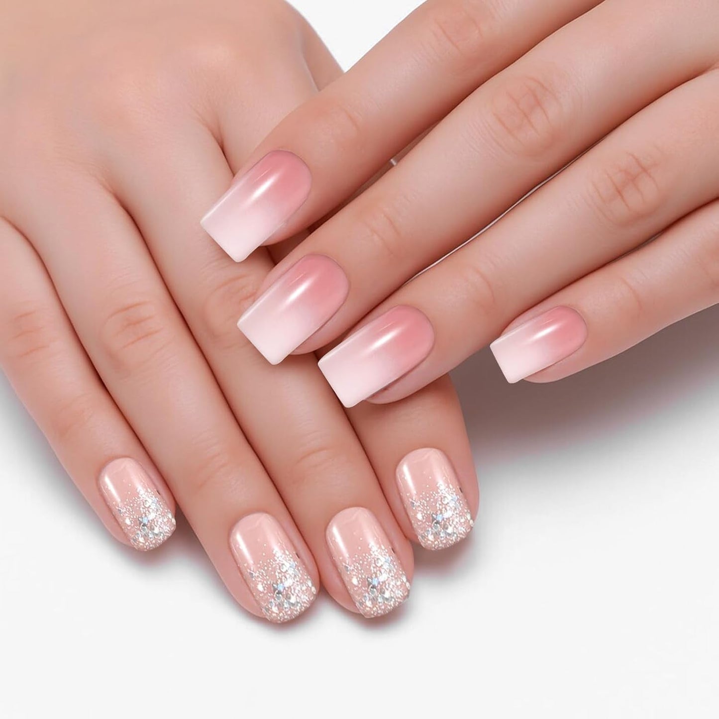 48 Uds pegamento corto en las uñas 2 estilos uñas francesas cuadradas cortas con pegamento para uñas y lima de uñas uñas postizas ombré rosa y blanco para mujer
