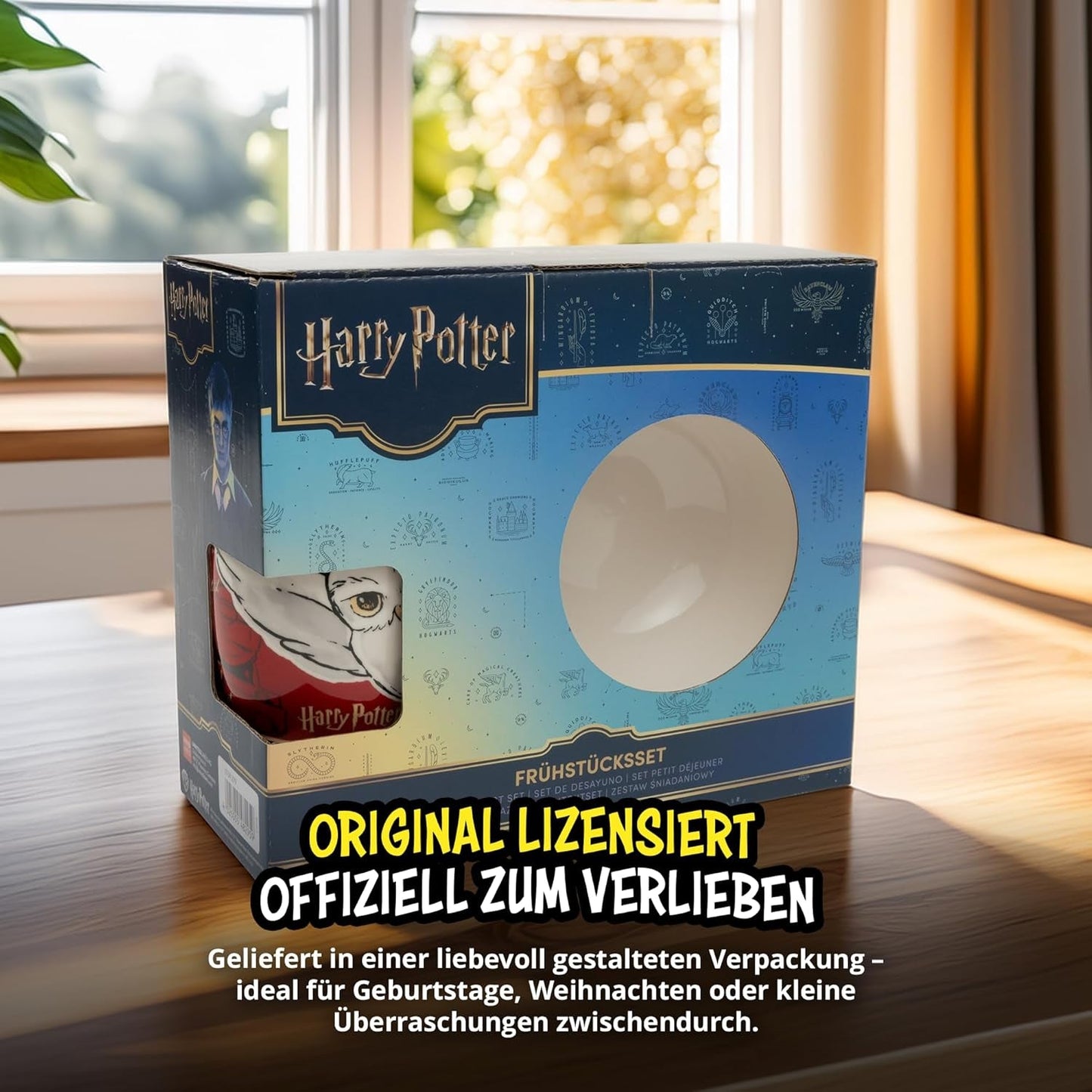 Harry Potter vajilla 3 piezas roja, vajilla de porcelana con plato Ø 19 cm, taza 220 ml y bol 330 ml, vajilla