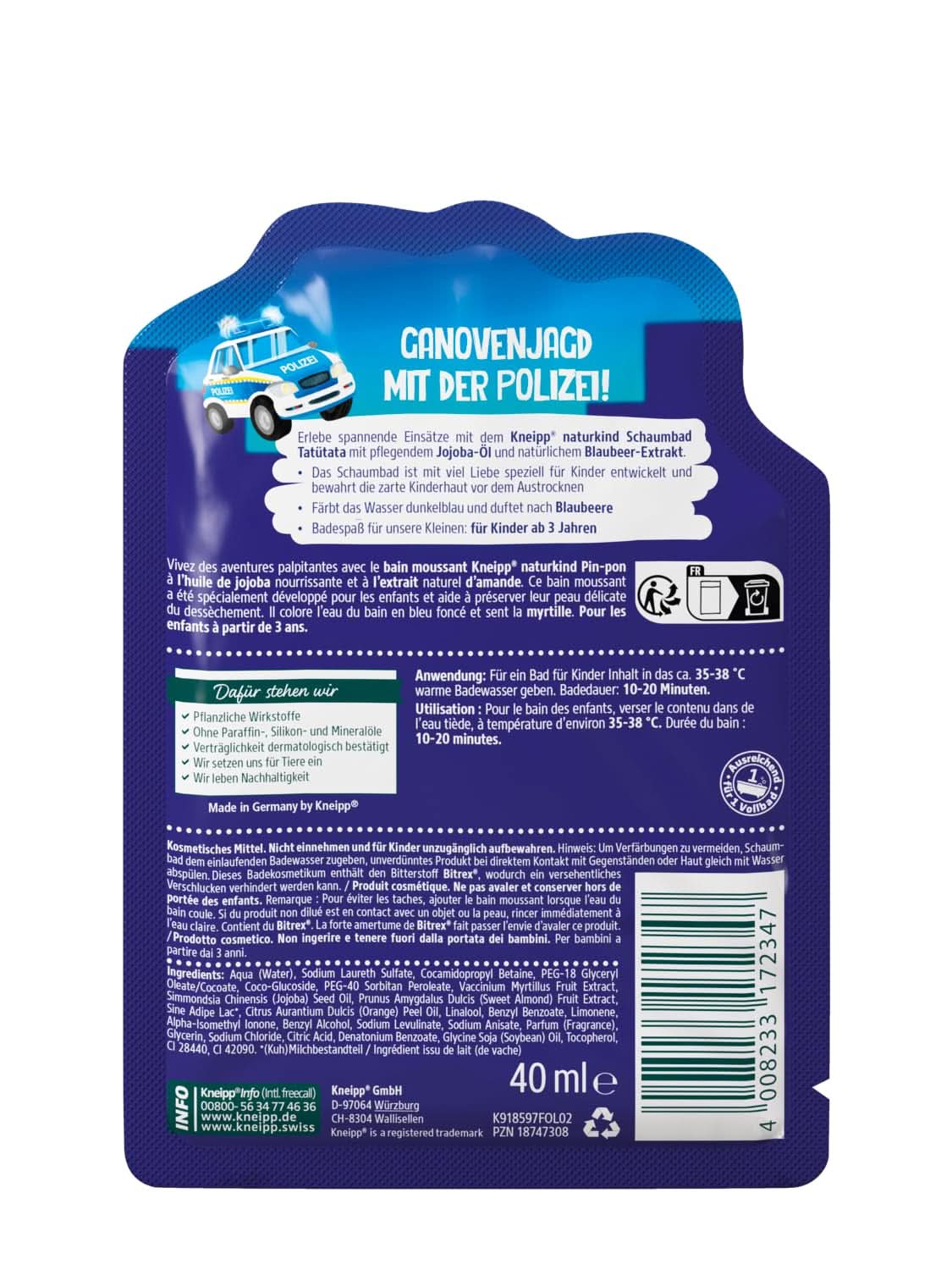 Kneipp Naturkind, aditivo de baño con aceite nutritivo de jojoba y extracto natural de arándano, sabor afrutado de arándano, agua azul, 40 ml Ducha y baño Naty Shop