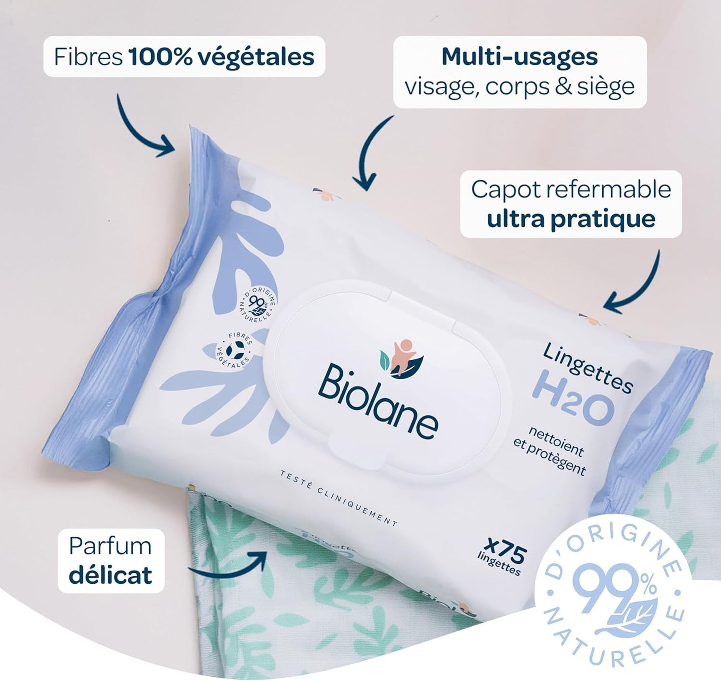 BIOLANE - Toallitas húmedas para bebés con agua - 225 toallitas - 3 x 75 piezas - Limpieza suave y eficaz - Desde el nacimiento - Calidad francesa
