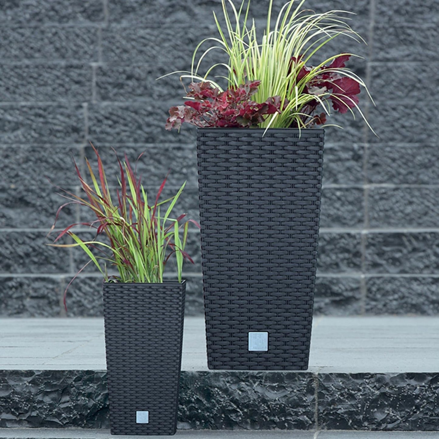 Macetas Prosperplast imitación ratán/macetas con inserto | 32,5x32,5x61cm | antracita | resistente a la intemperie y a los rayos UV | de plástico resistente | para interior y exterior