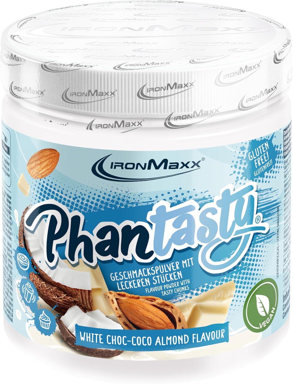 Ironmaxx Phantasty - Melocotón Cremoso Dosis 250G | Vegan Geschmackspulver Mit Echten Frucht- Oder Nussstückchen | Perfekter Zuckerersatz Edulcorantes Naty Shop 250 G (1Er Pack) Choc Blanco – Coco Almendra