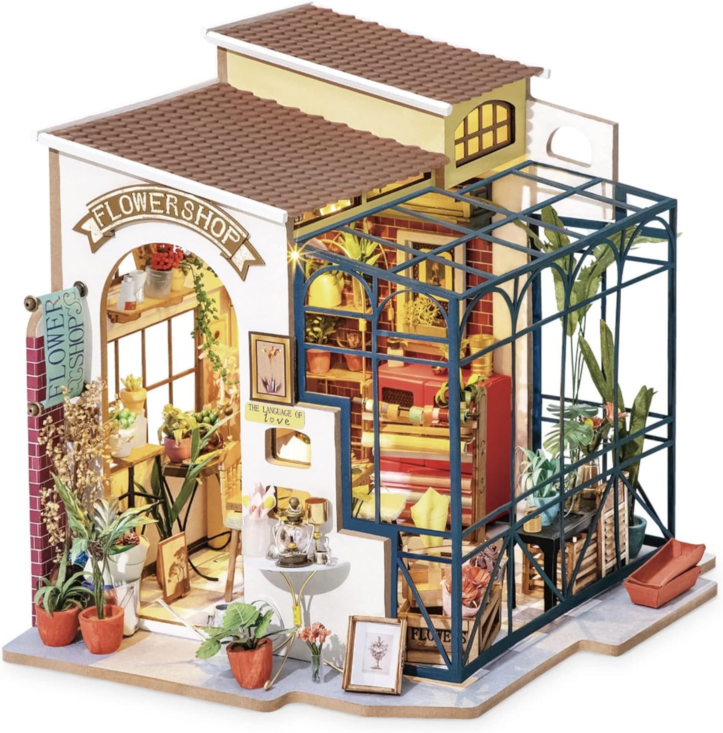 Robotime DG145 Rolife Emily's Flower Shop Casa de Muñecas en Miniatura Fabricada en madera, metal, tela y cartón, Dimensiones: 22 X 15 X 17 Cm, Naty Shop casas de muñecas