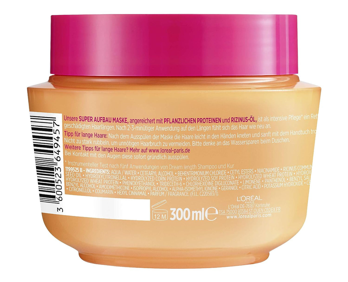 L'Oréal Paris Elvital Anti Split End Hair Mask para cabello largo y dañado, Tratamiento intensivo con aclarado, Con vitaminas vegetales y aceite de ricino, Dream length Super Build-up Mask, 1 x 300 ml Naty Shop Hair Mask