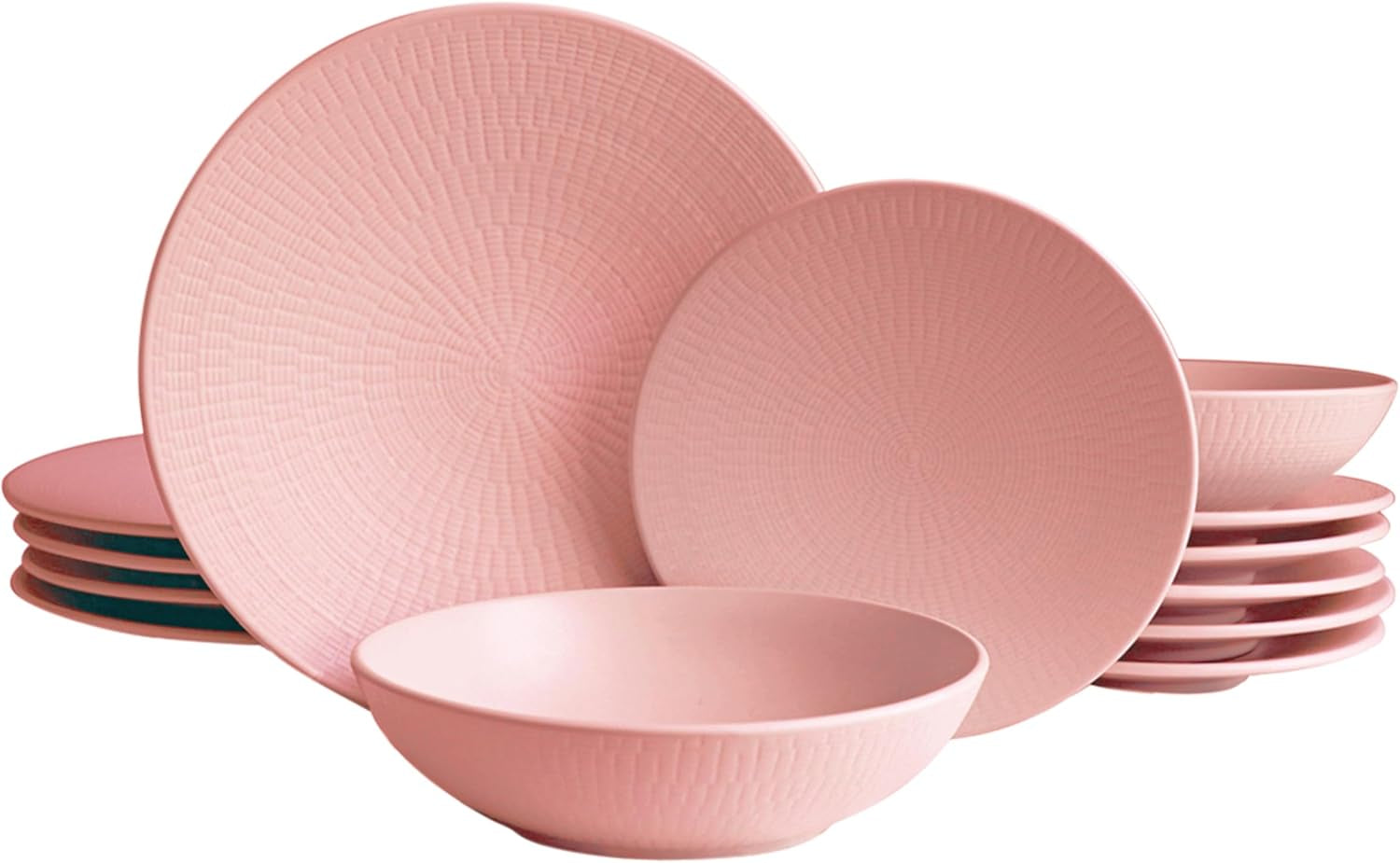 ECHTWERK Vajilla vintage de 12 piezas, diseño natural "Blanka", 4 personas, elegante vajilla de gres texturizado con 4 platos llanos, 4 guarniciones, 4 platos llanos, color rosa