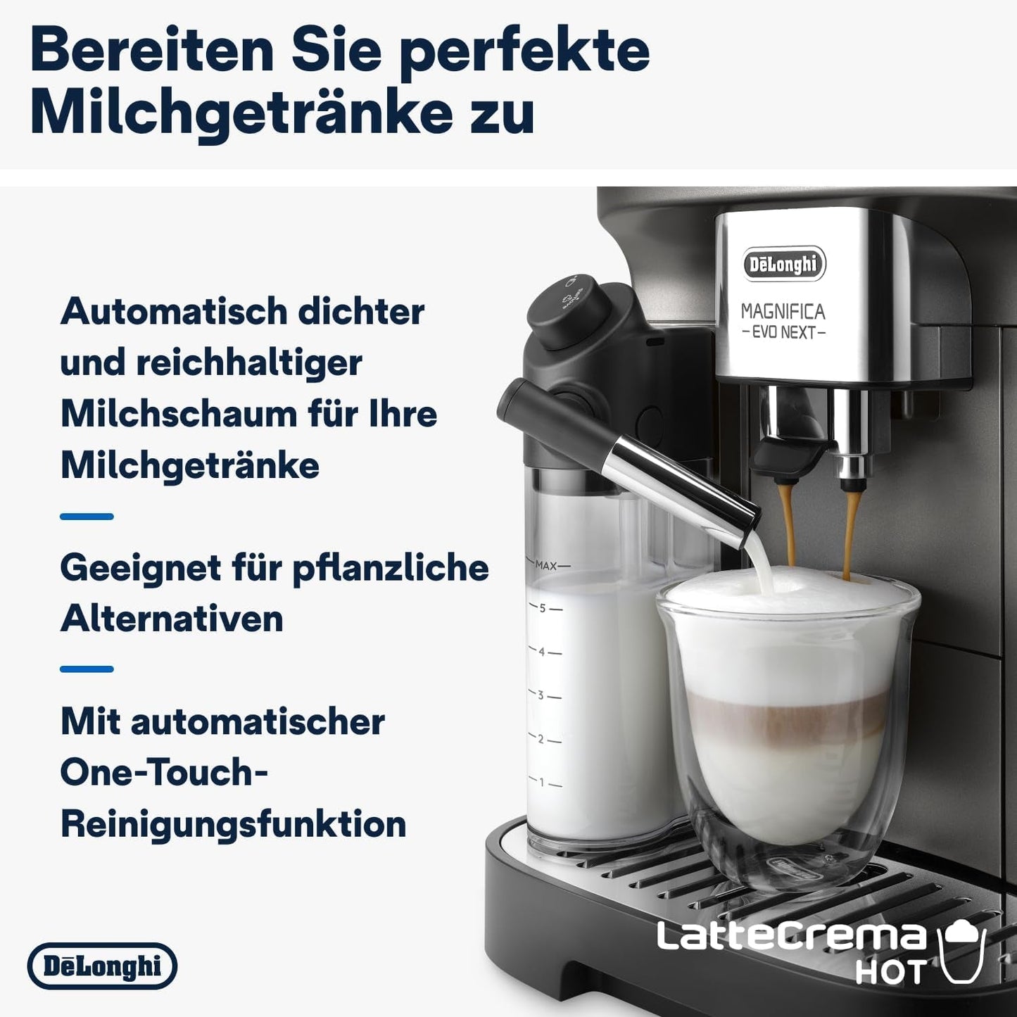 De'Longhi Magnifica Evo Next - Cafetera totalmente automática Perfetto con espumador de leche LatteCrema, 13 bebidas con un solo toque, cafetera y capuchino, pantalla táctil a color, titanio (ECAM312.80.TB)