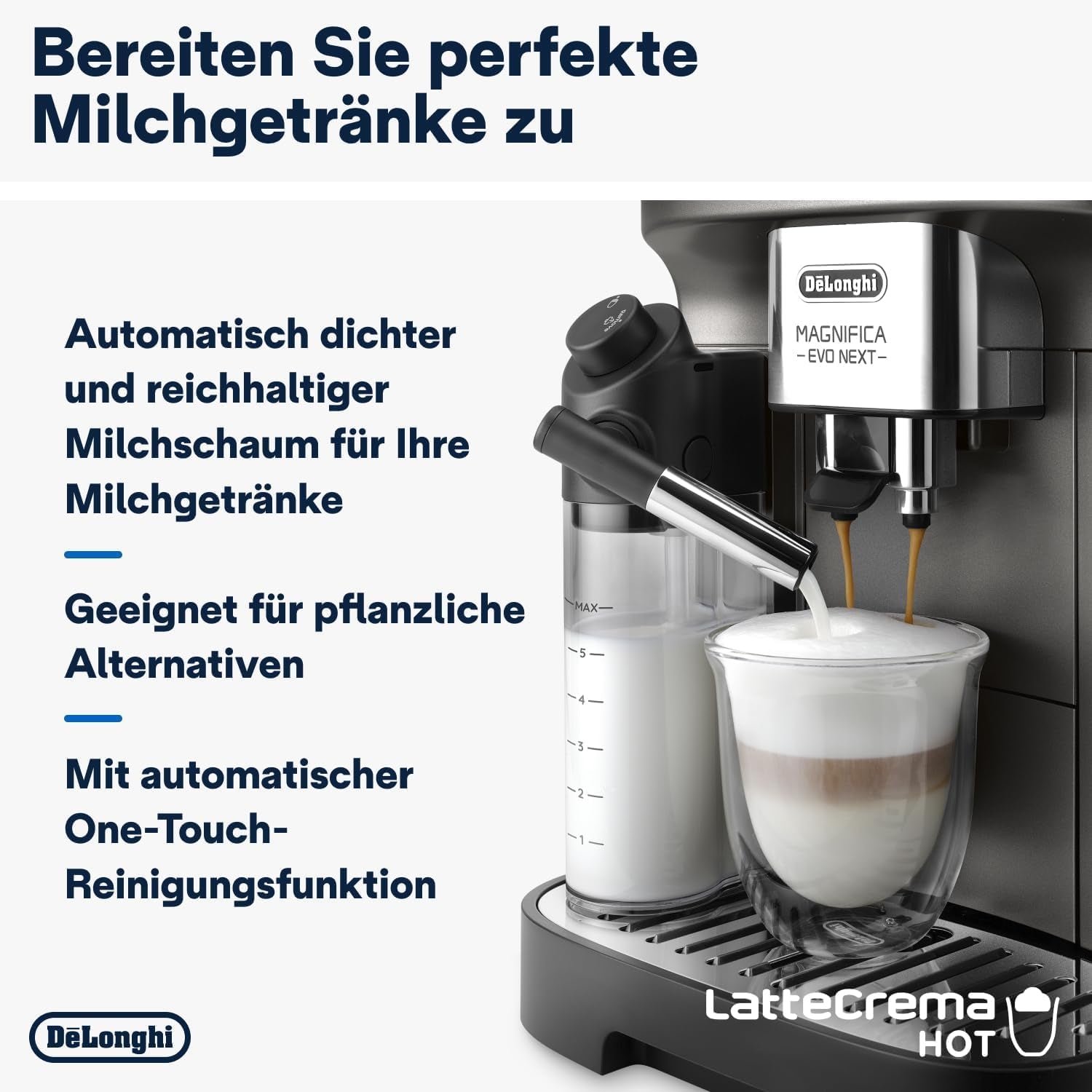 De'Longhi Magnifica Evo Next - Cafetera totalmente automática Perfetto con espumador de leche LatteCrema, 13 bebidas con un solo toque, cafetera y capuchino, pantalla táctil a color, titanio (ECAM312.80.TB)