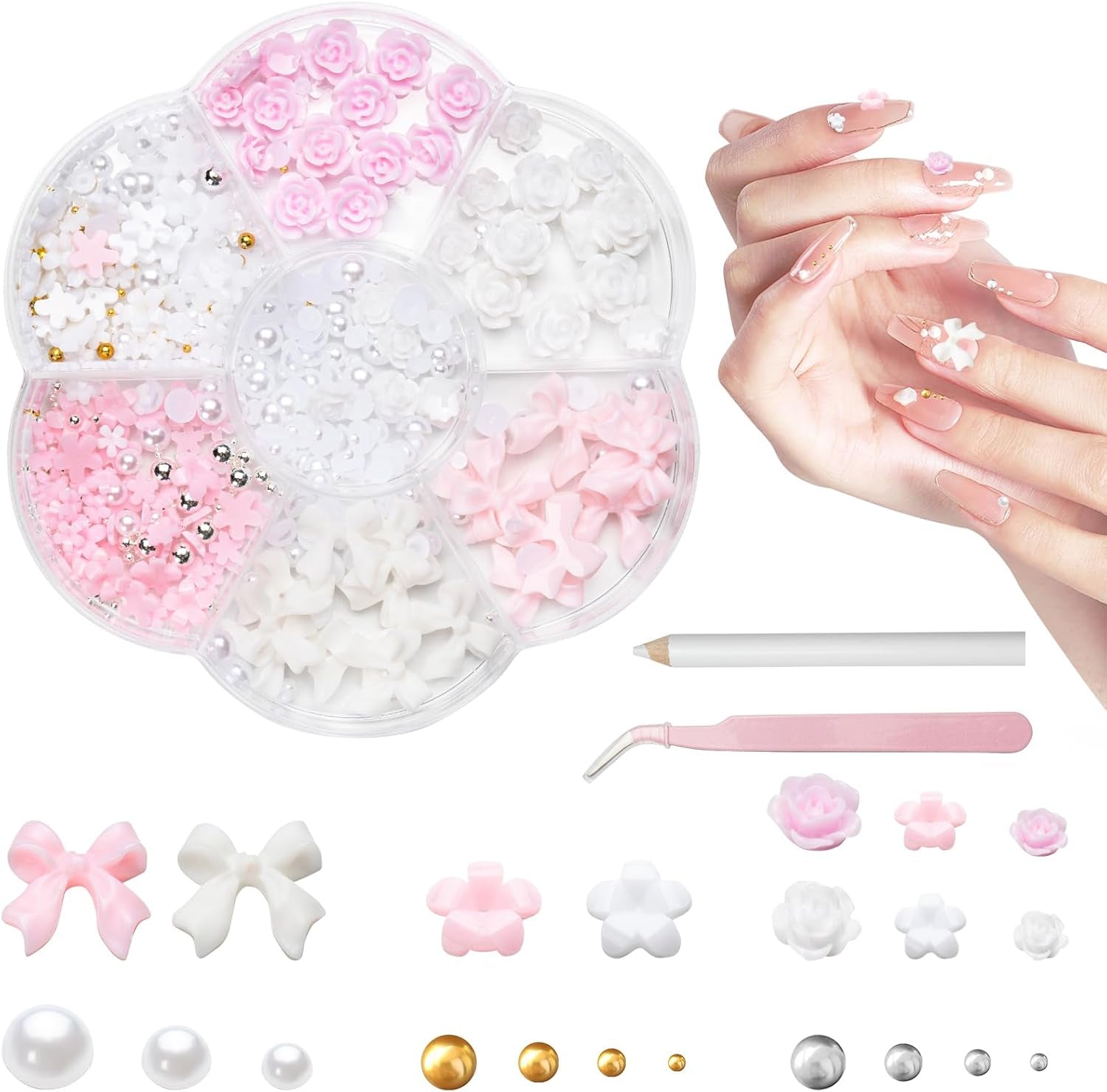 Amuletos de uñas 3D, Amuletos de arte de uñas Schleifen, Blumen Und Perlen, Nagel Charms Aus Harz, Nageldekorations Sets, DIY Charms Nägel, Nagelanhänger