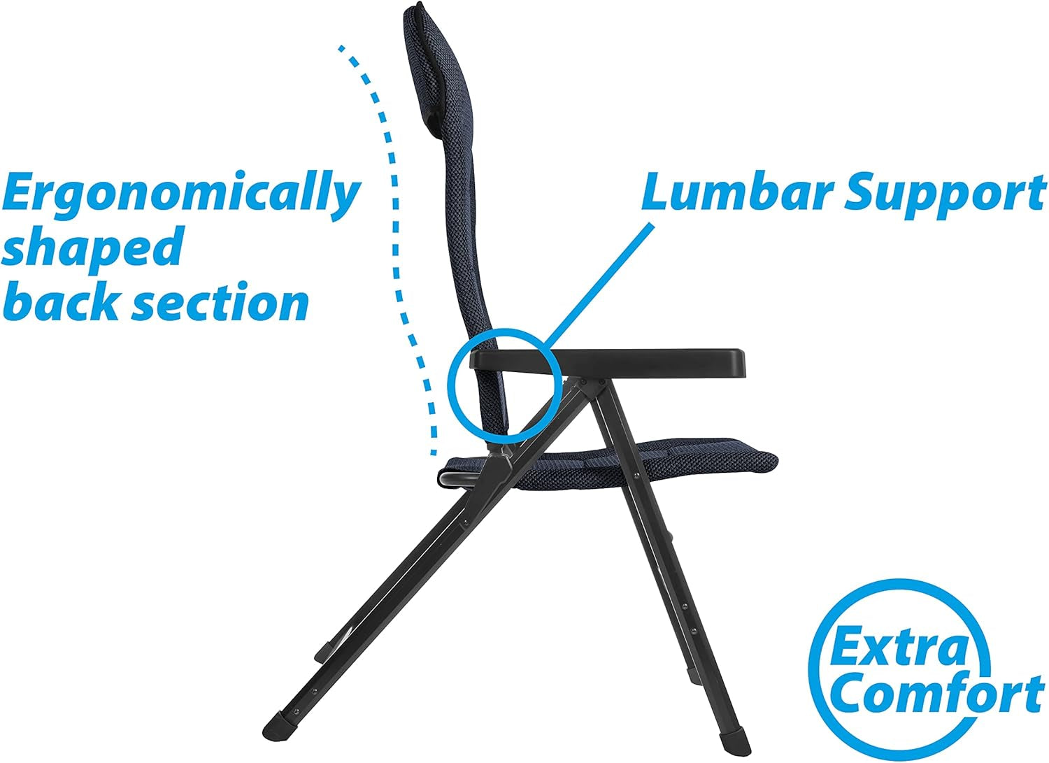 BRUNNER Rebel PRO (S-M-L) Silla plegable para camping, jardín, terraza Fabricada en aluminio, regulable en 5 posiciones, capacidad de carga hasta 150 kg, respaldo alto, negro o azul Cojines de viaje Naty Shop