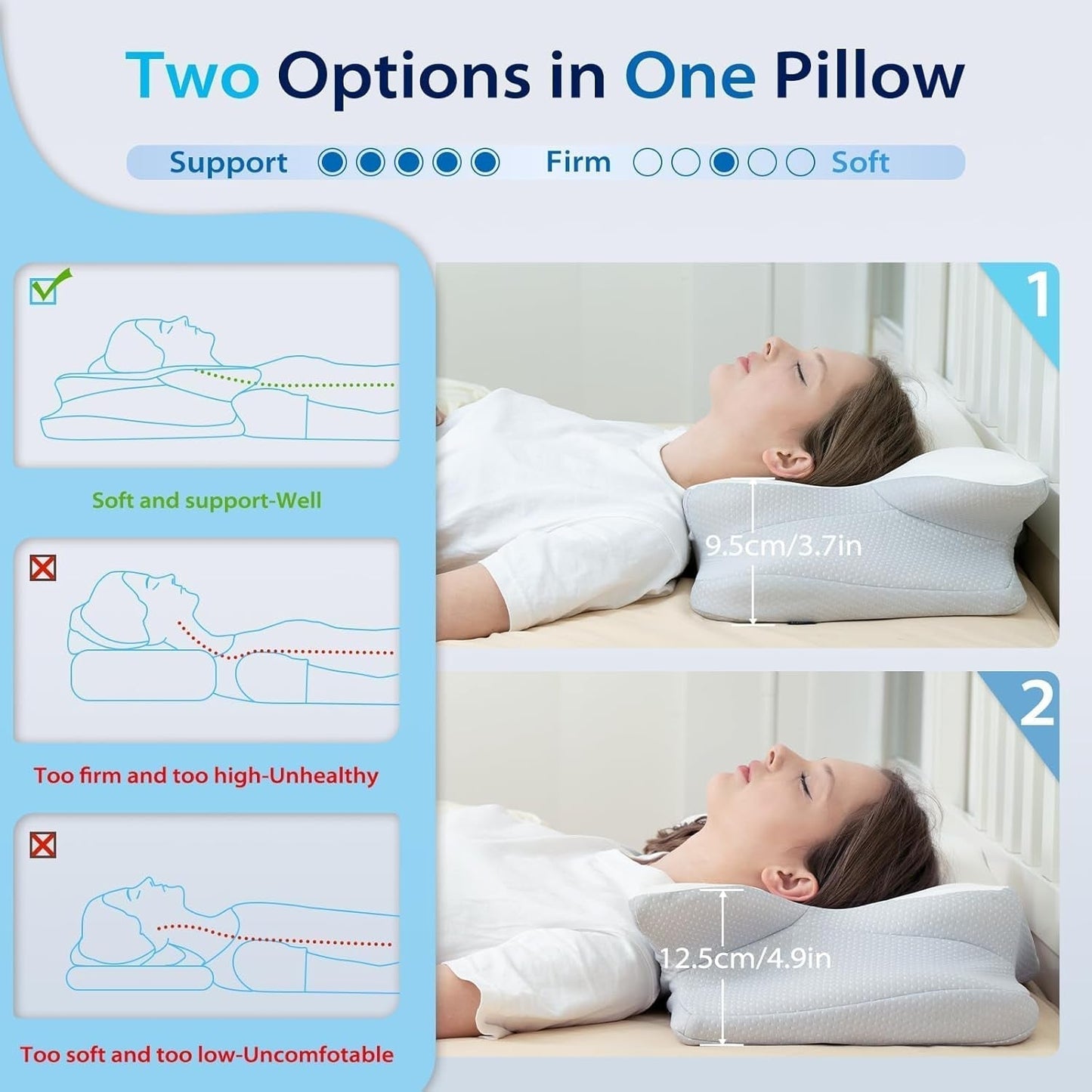 HOMCA Almohada para el cuello, almohada ergonómica de espuma viscoelástica, funda de almohada de enfriamiento 3D para posición supina, lateral o prona, 62 x 41 x 9,5/12,5 cm Almohadas ortopédicas cervicales Naty Shop