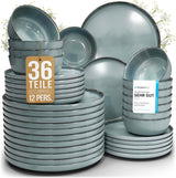 Steingut Geschirrset 12 Personen Rústico 36 tlg. TESTSIEGER, Hochwertiges Landhaussttil Steingut Geschirr Set, Schüssel- und Teller Set, Tafelservice 12 Personen, Geschirrsets Pure Living in Rauchblau