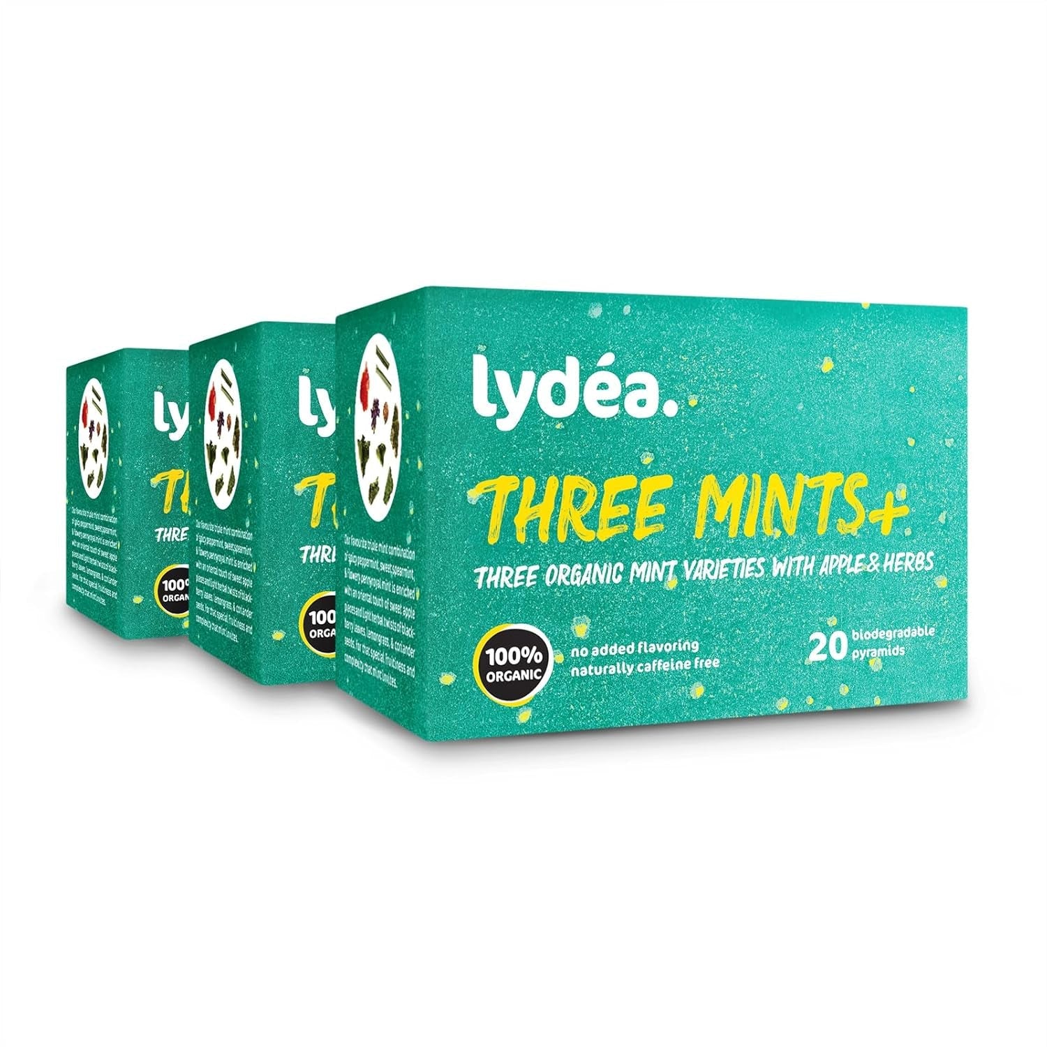 Lydea Three Mints+ Té de hierbas orgánico con tres surtidos de menta, manzana y hierbas, 60 pirámides, paquete de 3 [3 x 20 pirámides]