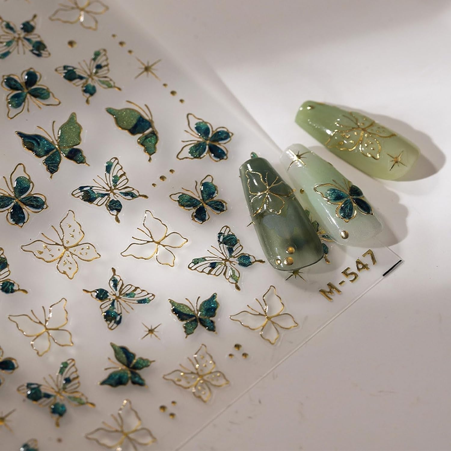 JMEOWIO 3D Nagelsticker Verde Oro Schmetterling Nail Art Sticker Selbstklebend Nagelaufkleber 5D Stereoskopisch Dekoration Nageldesign Zubehör 1 Blatt