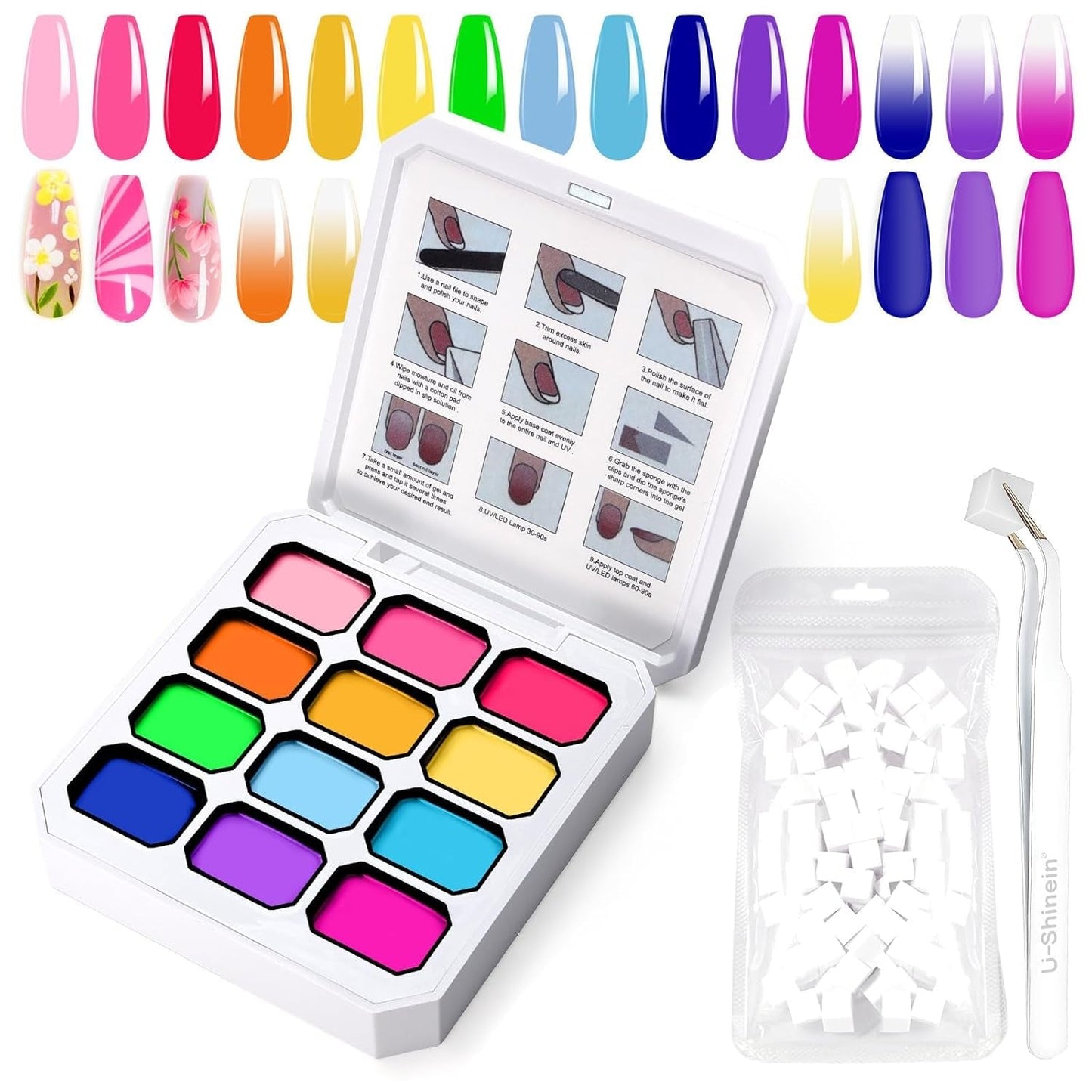 Gel de pintura degradada, 12 colores de esmalte de uñas de gel Ombre con 100 esponjas de uñas y 4 garras de metal para manicura francesa DIY Nail Art, Set I