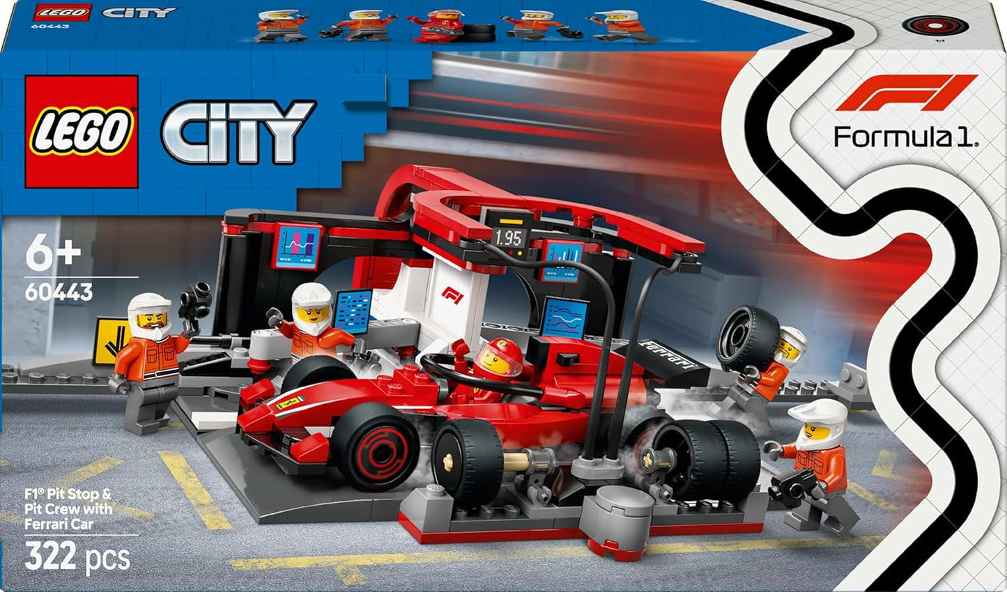 LEGO City Parada en boxes de F1 con equipo y Ferrari Speedster - Set de parada en boxes de Fórmula 1 con 1 piloto de carreras y 4 minifiguras mecánicas - Coche de carreras de juguete para niños y niñas mayores de 6 años - 60443 Juegos de construcción Beuche den LEGO-Store