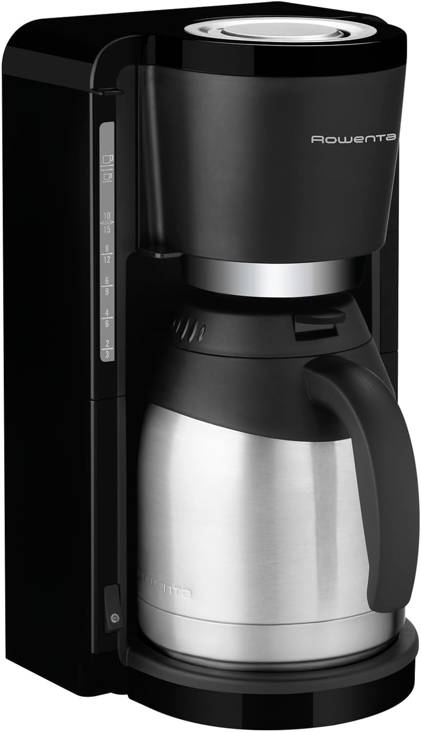 Rowenta Adagio Cafetera Espresso con Filtro, Jarra Térmica de Acero Inoxidable, Mantiene el Café Caliente hasta 4 Horas, Capacidad para 10-15 Tazas, Capacidad de 1,25 L, Cesta de Filtro Extraíble, Apagado Automático, Negra, CT3818