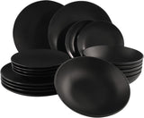 Juego de vajilla de cerámica fina, color negro mate, 18 piezas, juego de vajilla para 6, incluye platos para pasteles, platos llanos, platos llanos, apto para lavavajillas