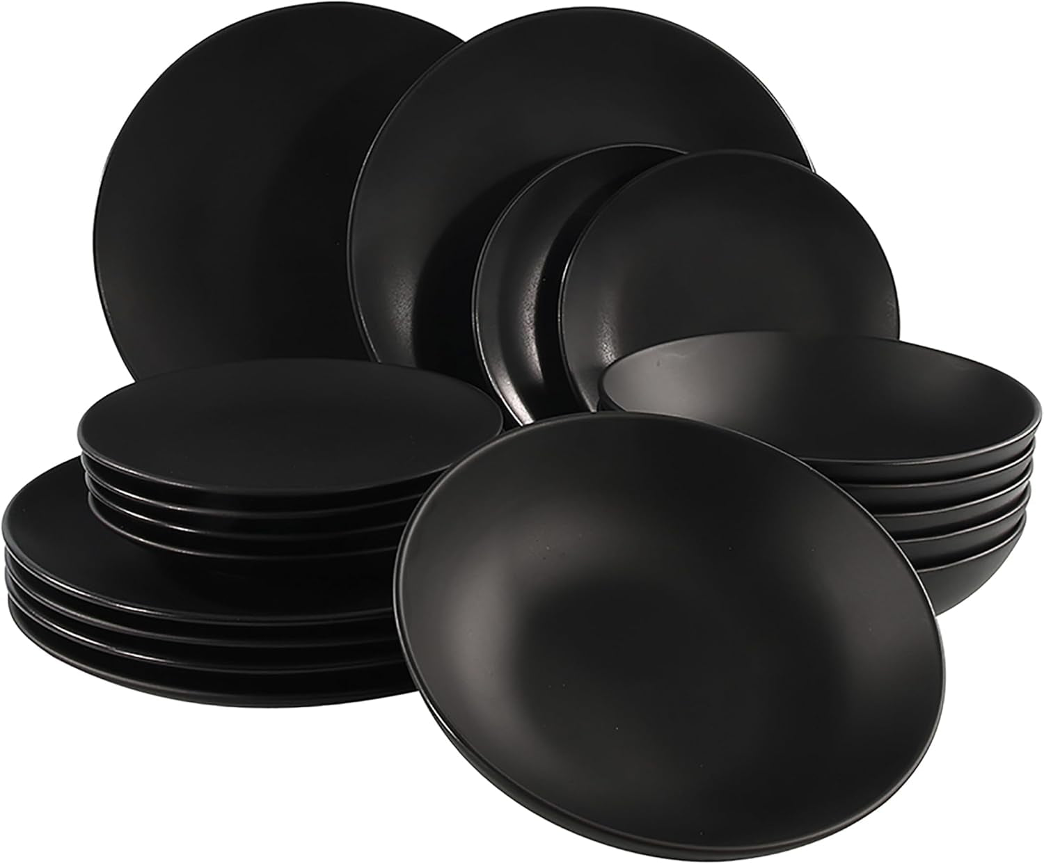 Juego de vajilla de cerámica fina, color negro mate, 18 piezas, juego de vajilla para 6, incluye platos para pasteles, platos llanos, platos llanos, apto para lavavajillas