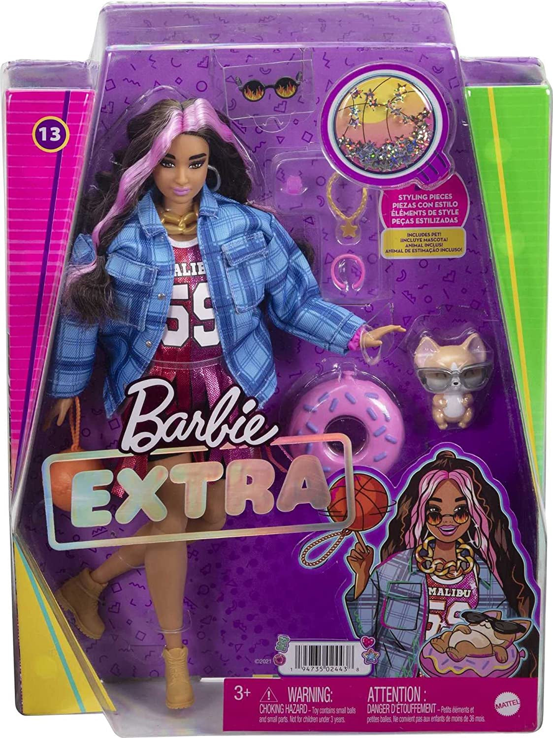 Barbie HDJ46 - Muñeca Extra con Vestido, Camiseta de Baloncesto y Accesorios, con Mascota Corgi, Pelo Rizado Extra Largo con Mechas Rosas y Articulaciones Flexibles, Juguete de Regalo para Niñas 3+ Naty Shop Dolls