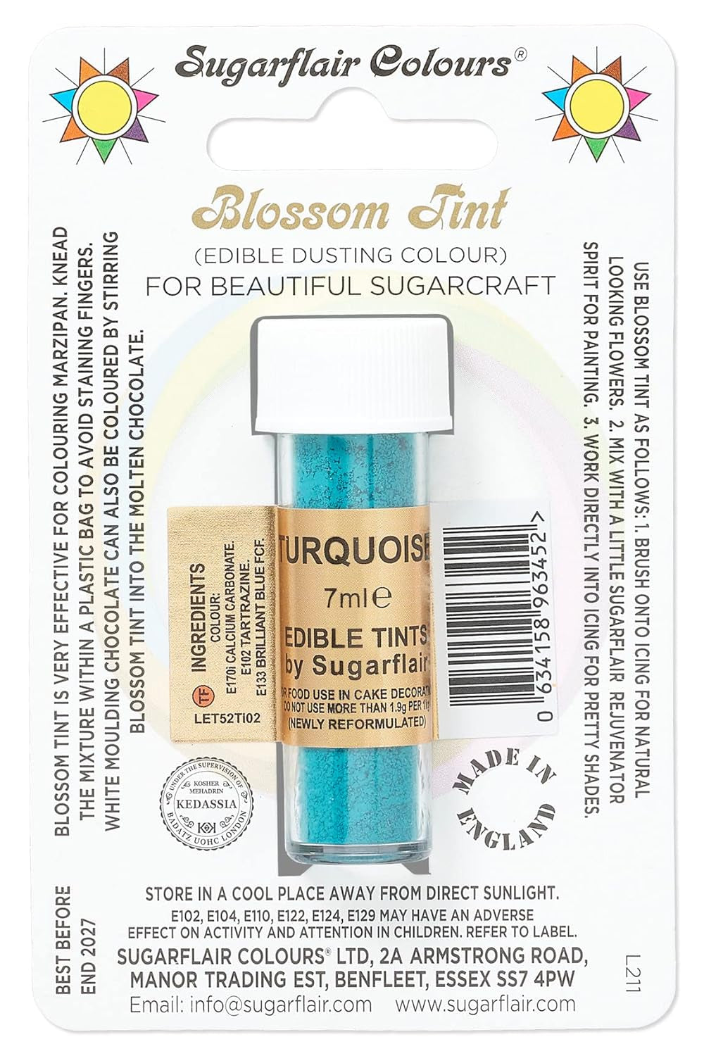 Colorante alimentario en polvo Sugarflair Blossom Tint Dusting Turquesa - Colorante alimentario en polvo para decorar pasta de azúcar de colores, fondant, glaseado, chocolate, crema de mantequilla, macarrones - 7ml