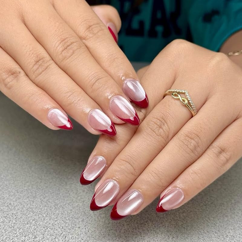 Moonglow Uñas Postizas Magnéticas Cortas, Rosa Almendra Rojo Degradado Brillo Ojo de Gato con Pegamento, Rosa Rojo Ombre Brillo Fototerapia Uñas Artificiales para Mujeres y Niñas