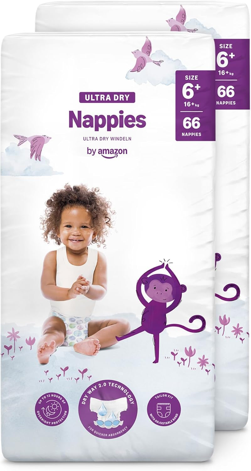 Pañales Amazon Ultra Dry, tamaño 1 (2-5 kg) - Caja mensual, blanco, 96 unidades (2 paquetes de 48) (anteriormente marca Mama Bear, producto idéntico)