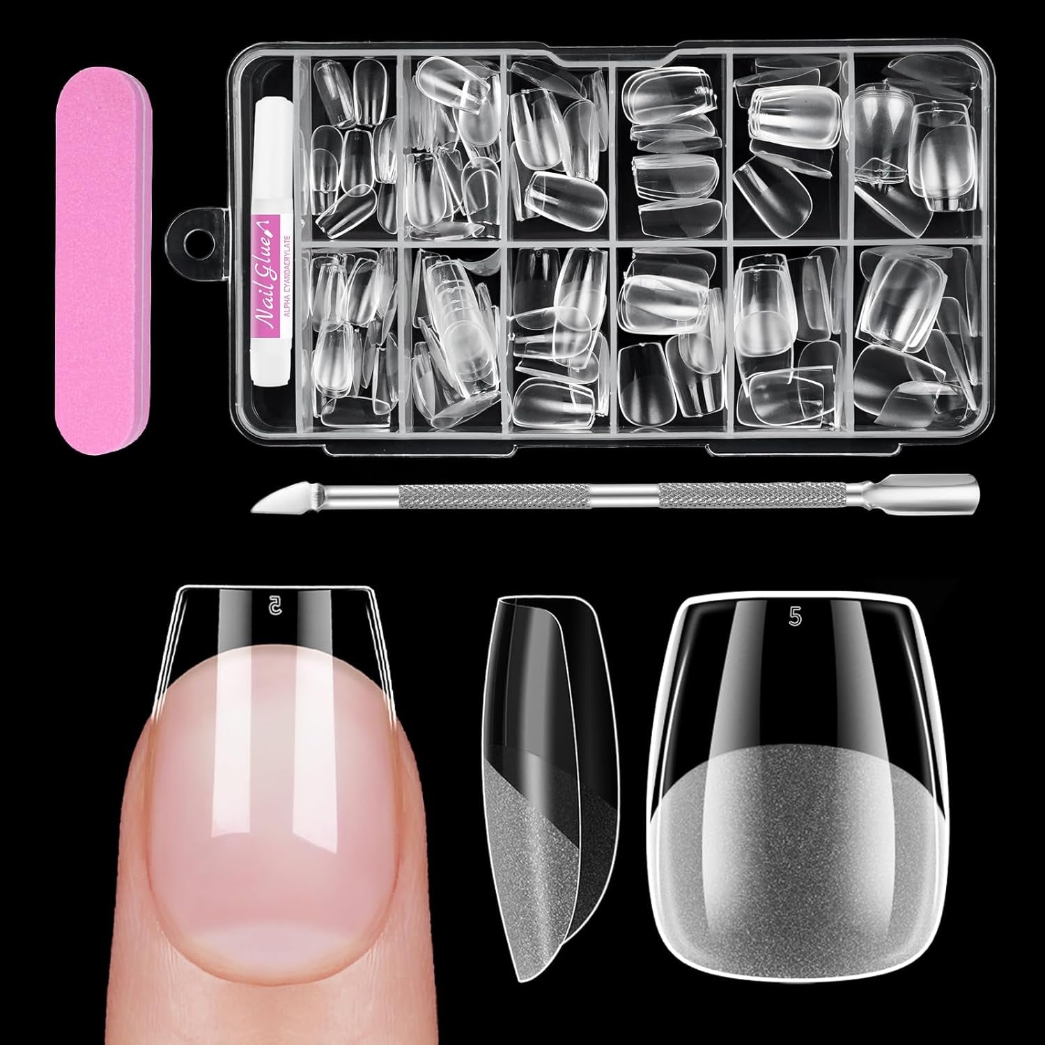 Uñas cortas de cubierta completa, 120 piezas, 12 tamaños, puntas de uñas cortas para uñas de gel, pegamento en uñas artificiales, pegamento en lima de uñas, pulidor de uñas, empujador de cutículas