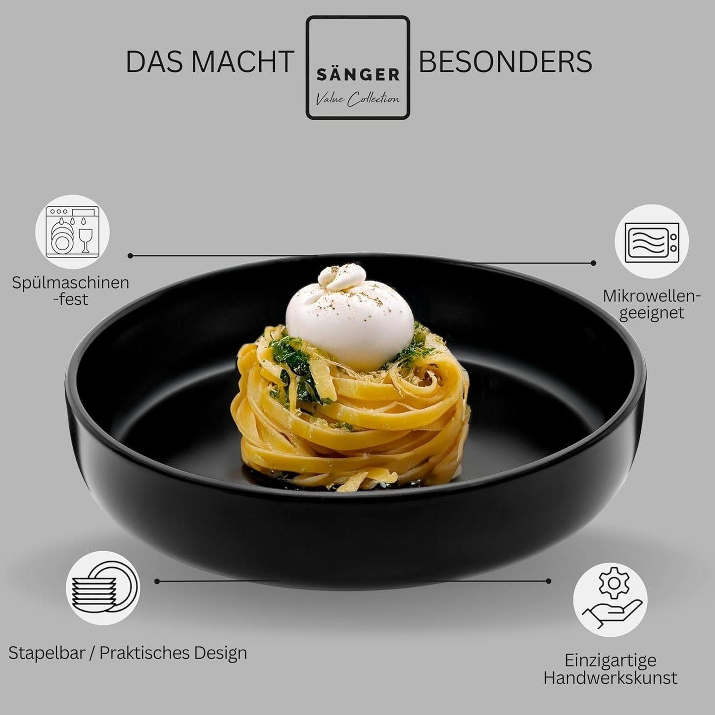 SÄNGER Madeira | Juego de vajilla combinada de 24 piezas, juego de vajilla de gres para 6 personas, 6 platos llanos, 6 platos de desayuno, 6 platos llanos, 6 tazones para pasta, juego de vajilla y tazones, negro mate | LA COLECCIÓN DE VALOR