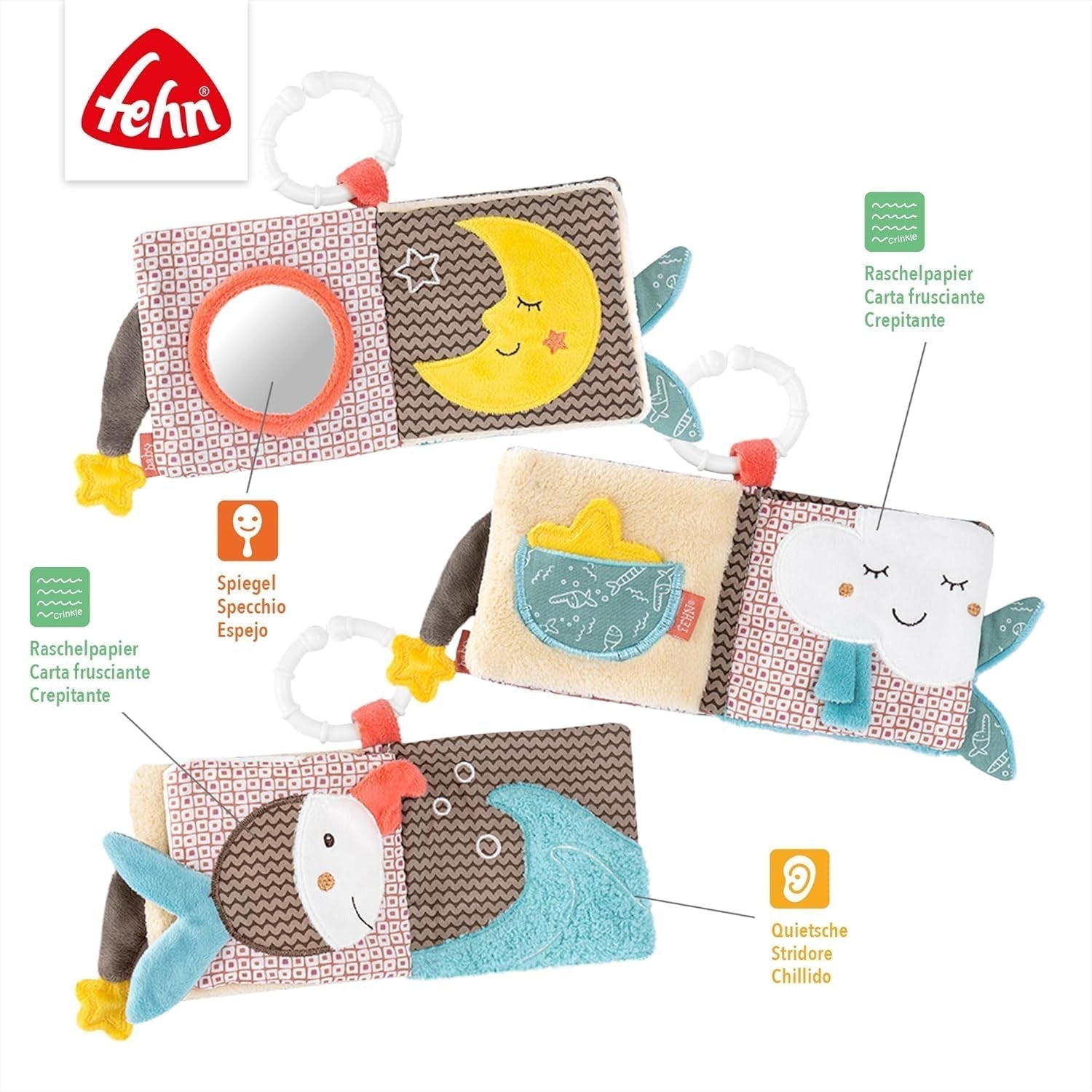 Fehn Libro ilustrado blandito Bruno - libro blandito para bebés de tela con motivos de animales - libro de juguetes de tela para colgar en cochecitos y sillas de coche - libro con petardos para bebés y niños a partir de 0 meses Baby Toys Naty Shop