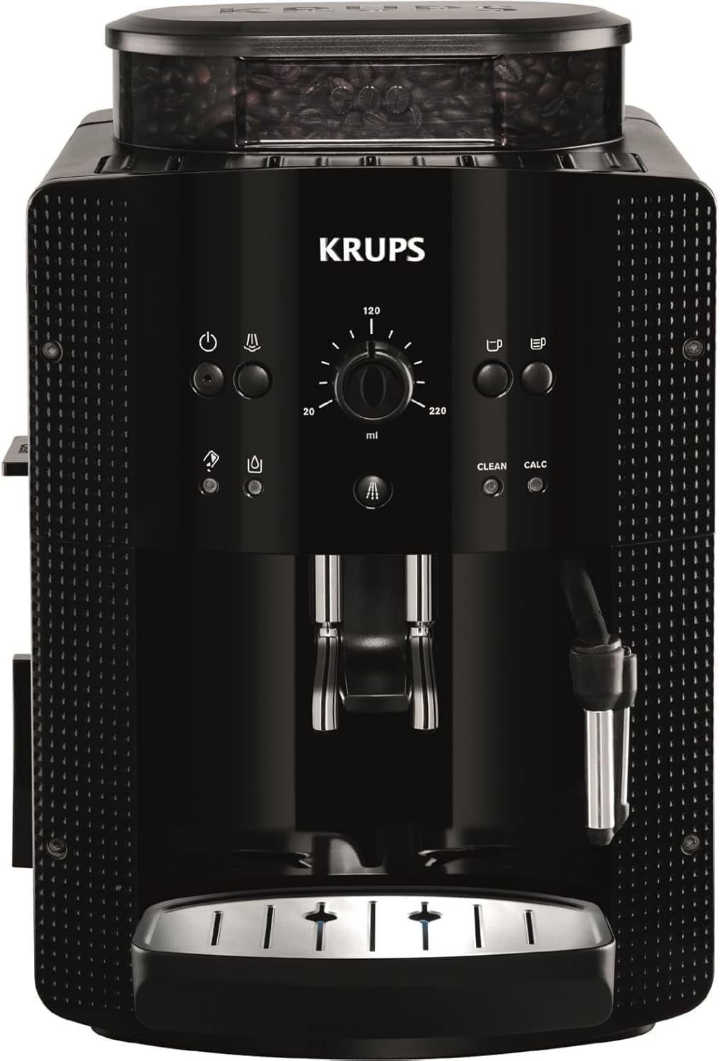 KRUPS Cafetera espresso automática Arabica Picto, diseño compacto, fácil de usar, control giratorio ajustable intuitivo, espumador de leche, función 2 tazas, cafetera espresso, negra, EA810870