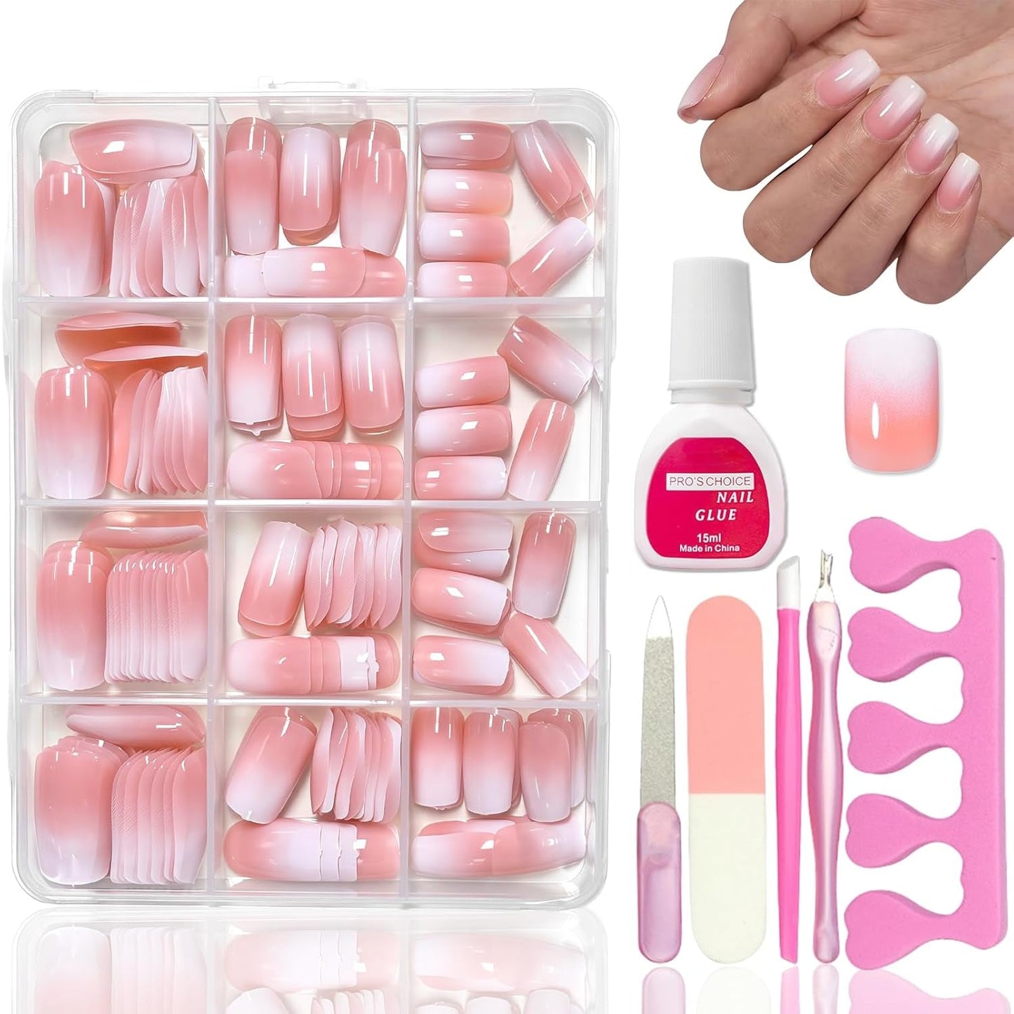 Kit de 360 ​​Piezas de Uñas Postizas - Uñas Postizas Degradadas Cortas, Color Rosa Desnudo y Blanco - Pegamento Cuadrado en Uñas Postizas - Uñas Autoadhesivas Brillantes de Cobertura Completa para Mujeres y Niñas (Cuadrado)