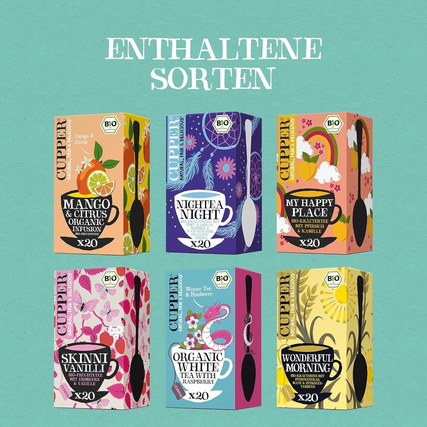 Set de regalo de té orgánico Cupper, 6 surtidos de tés de hierbas y frutas para todo el día, juego de té, caja de regalo, colección de té orgánico seleccionado (1 caja, 78 bolsitas de té)