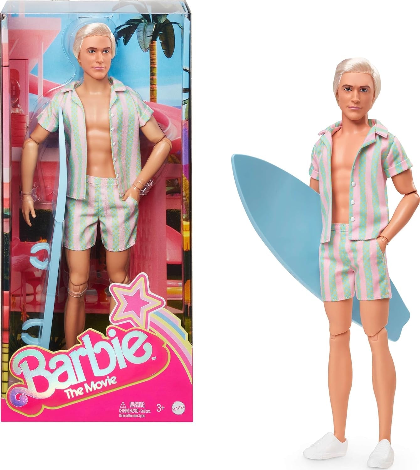 Muñeca Barbie Ken de la película Barbie con ropa de playa a rayas rosa pastel y verde, tabla de surf y zapatillas blancas, JBJ54