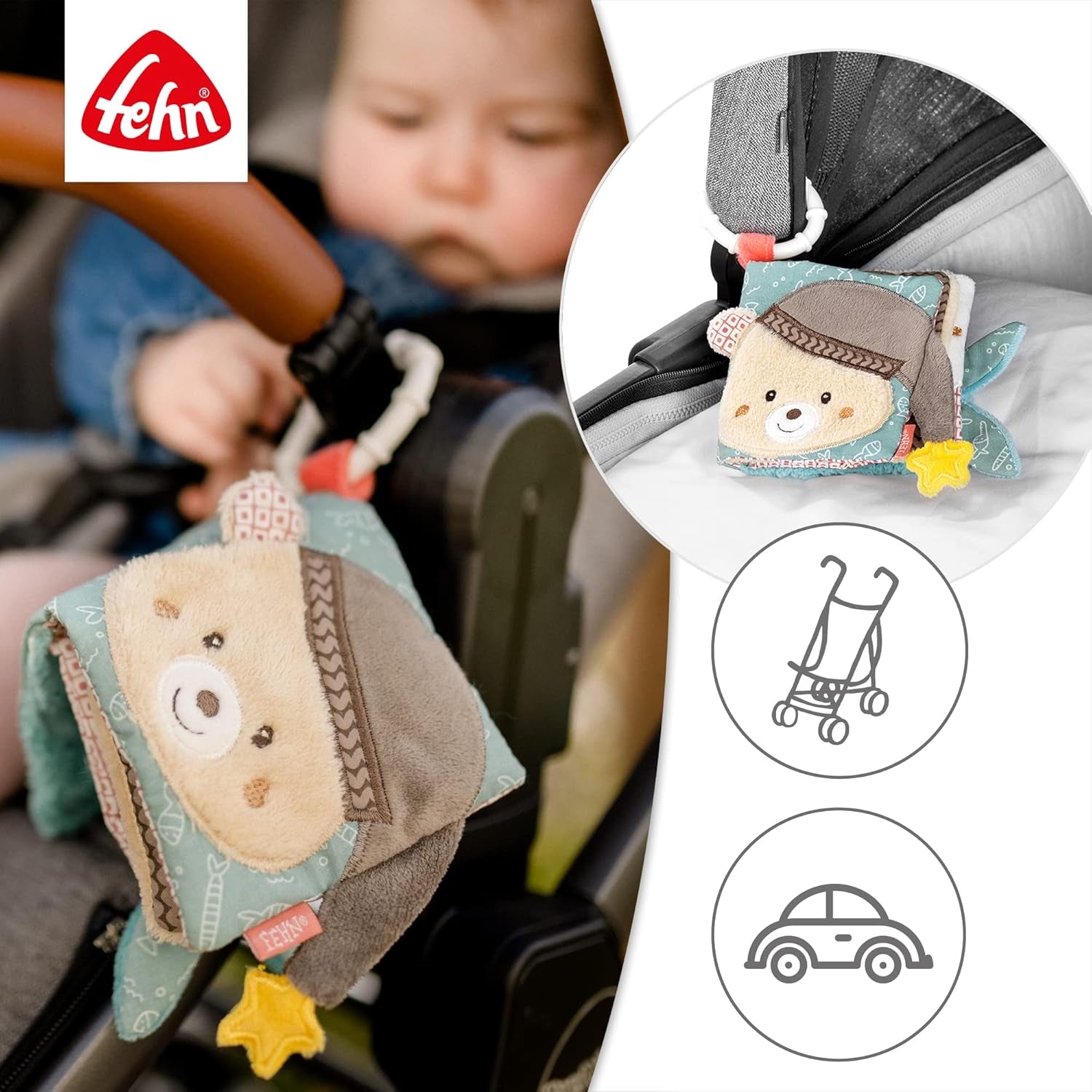 Fehn Libro ilustrado blandito Bruno - libro blandito para bebés de tela con motivos de animales - libro de juguetes de tela para colgar en cochecitos y sillas de coche - libro con petardos para bebés y niños a partir de 0 meses Baby Toys Naty Shop