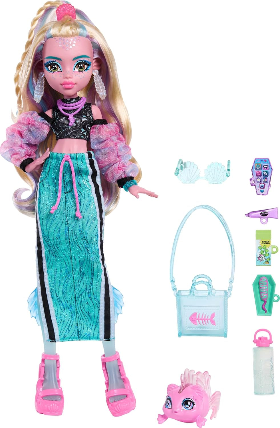 Muñeca Monster High Lagoona Blue Neptuna Fish con top corto y falda larga deportiva con 7 accesorios que incluyen gafas de sol, refrigerio y bolso, JHK33