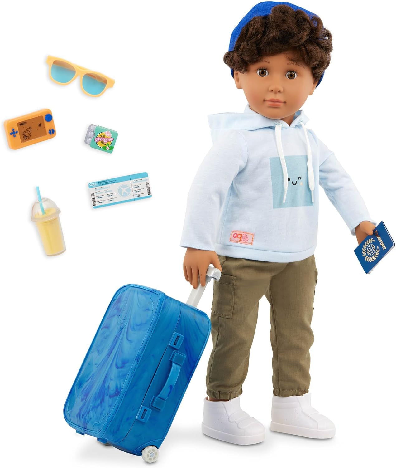 Our Generation - Milo - Muñeco de 46 cm - Ojos marrones realistas y pelo castaño rizado - Equipaje con ruedas y accesorios de viaje - Juego de simulación - Juguete para edades de 3 años en adelante